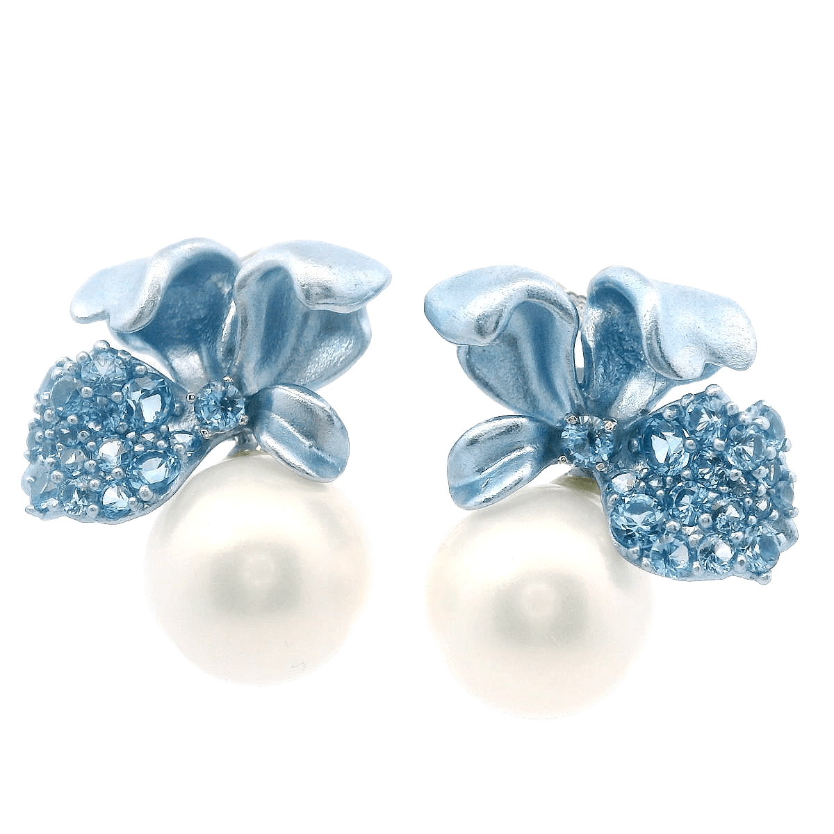 925SL BIG FLOWER BLUE WHITE PEARL EARRINGS - C'SANTOS