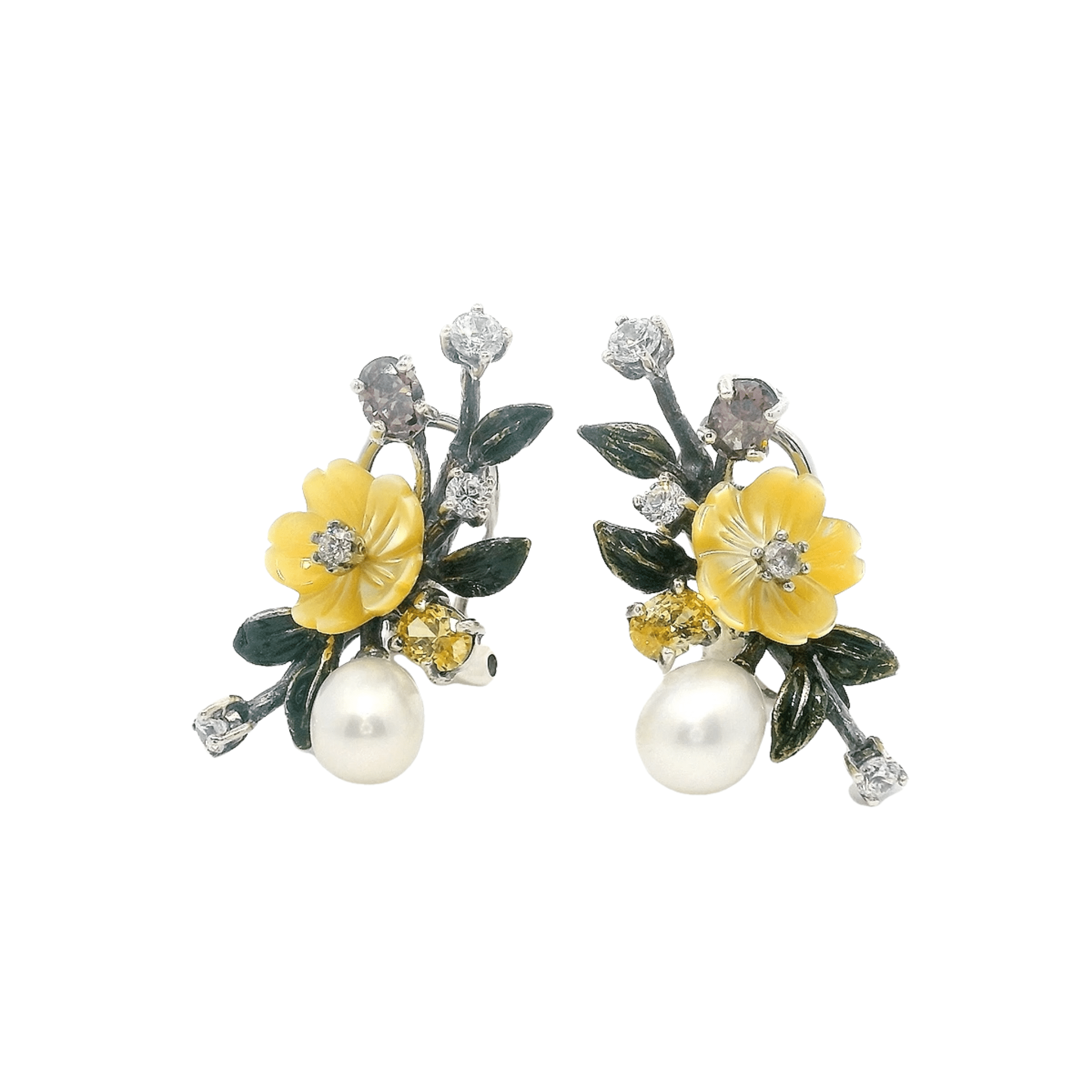 925SL BRANCH FLOWER YELLOW WITH PERL EARRINGS - C'SANTOS