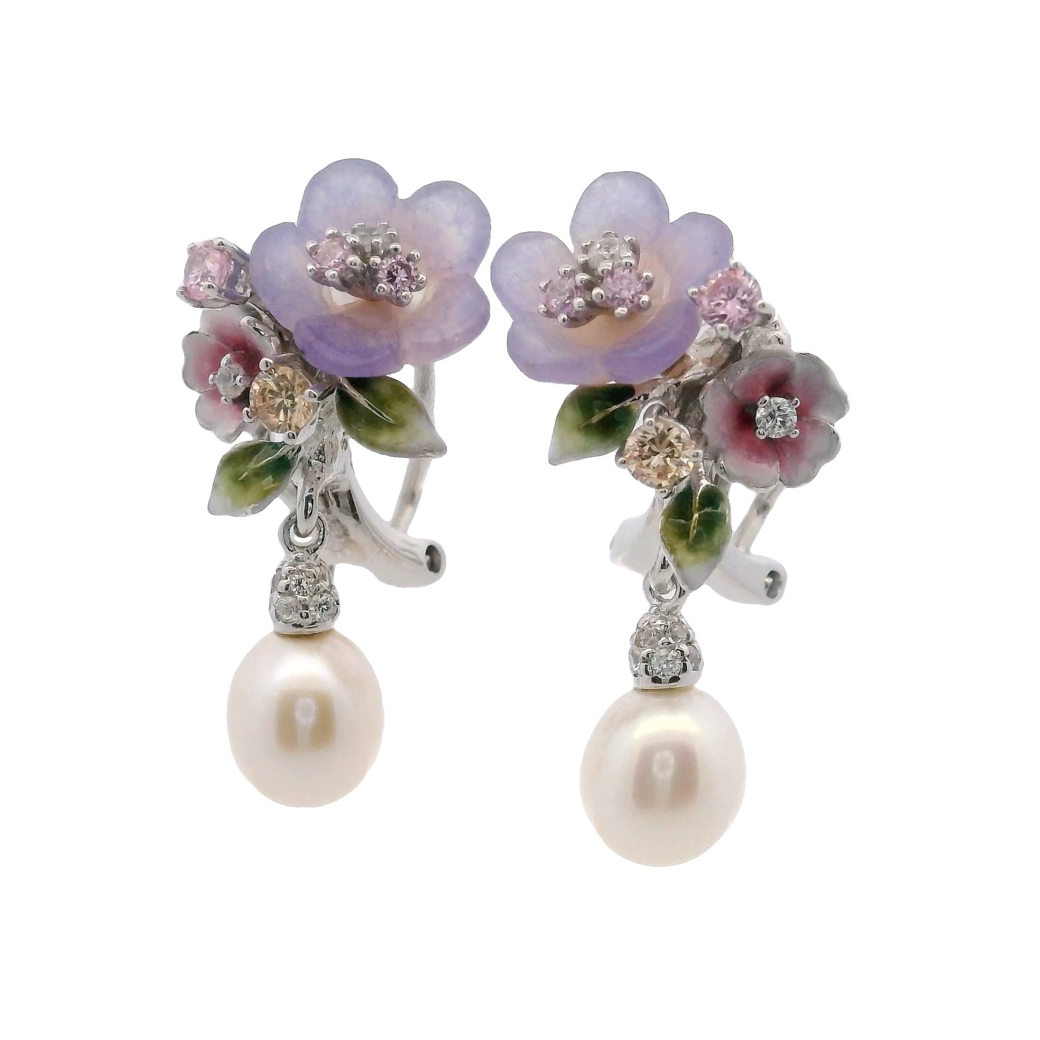 925SL BRANCH FLOWERS PURPLE WITH PERL EARRINGS - C'SANTOS