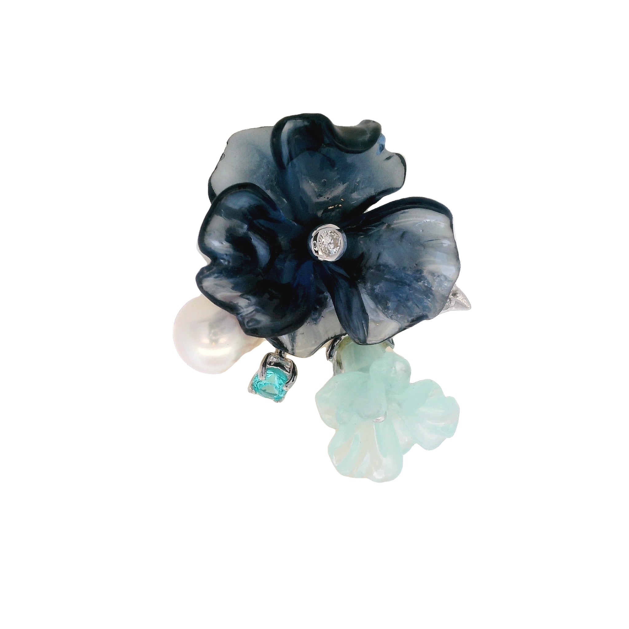 925SL CARVED ACRYLIC BLUE FLOWER TRANSLUCENT AND PEARL RING T7 - C'SANTOS