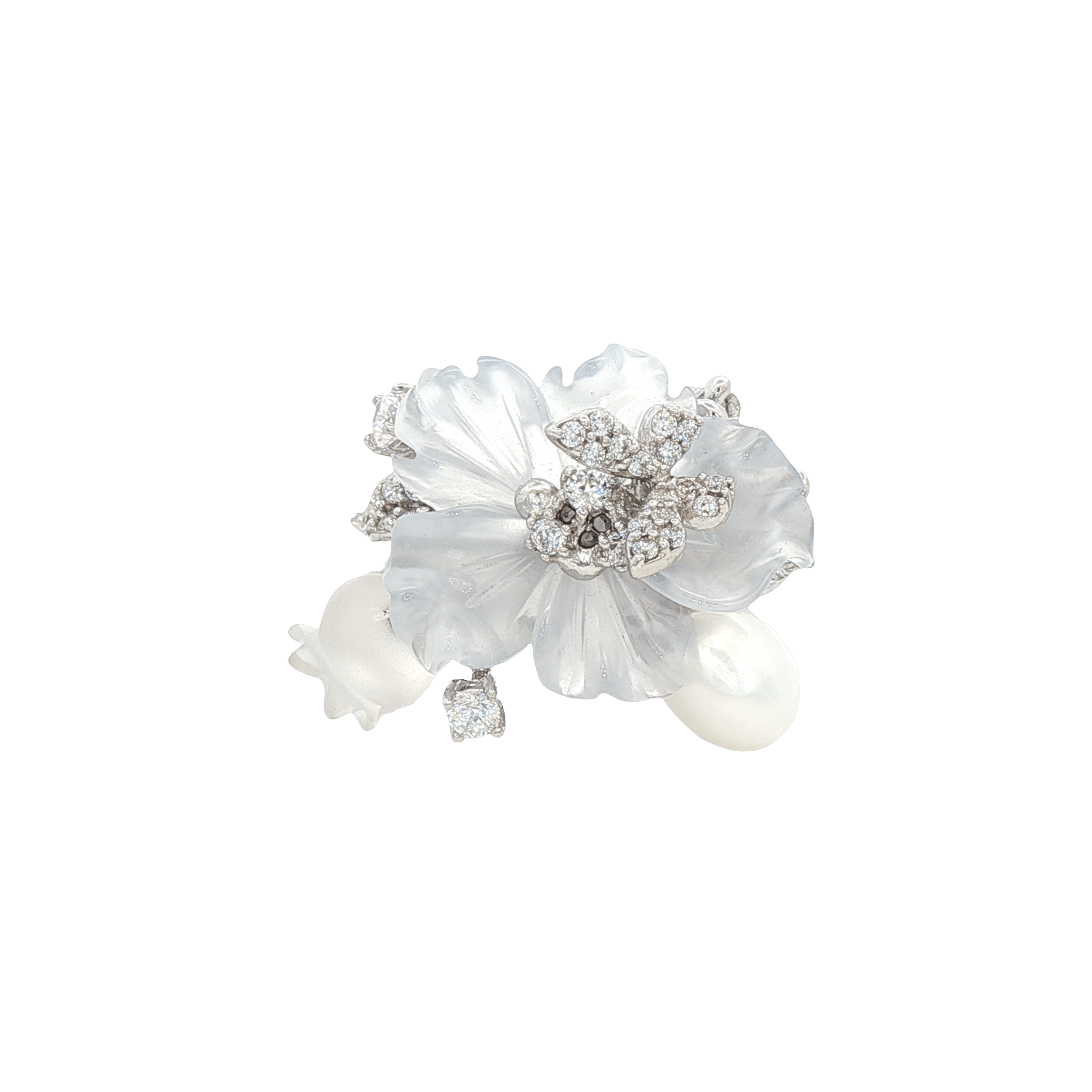 925SL CARVED ACRYLIC WHITE FLOWER TRANSLUCENT AND BUTTERFLY CZ RING T6 - C'SANTOS