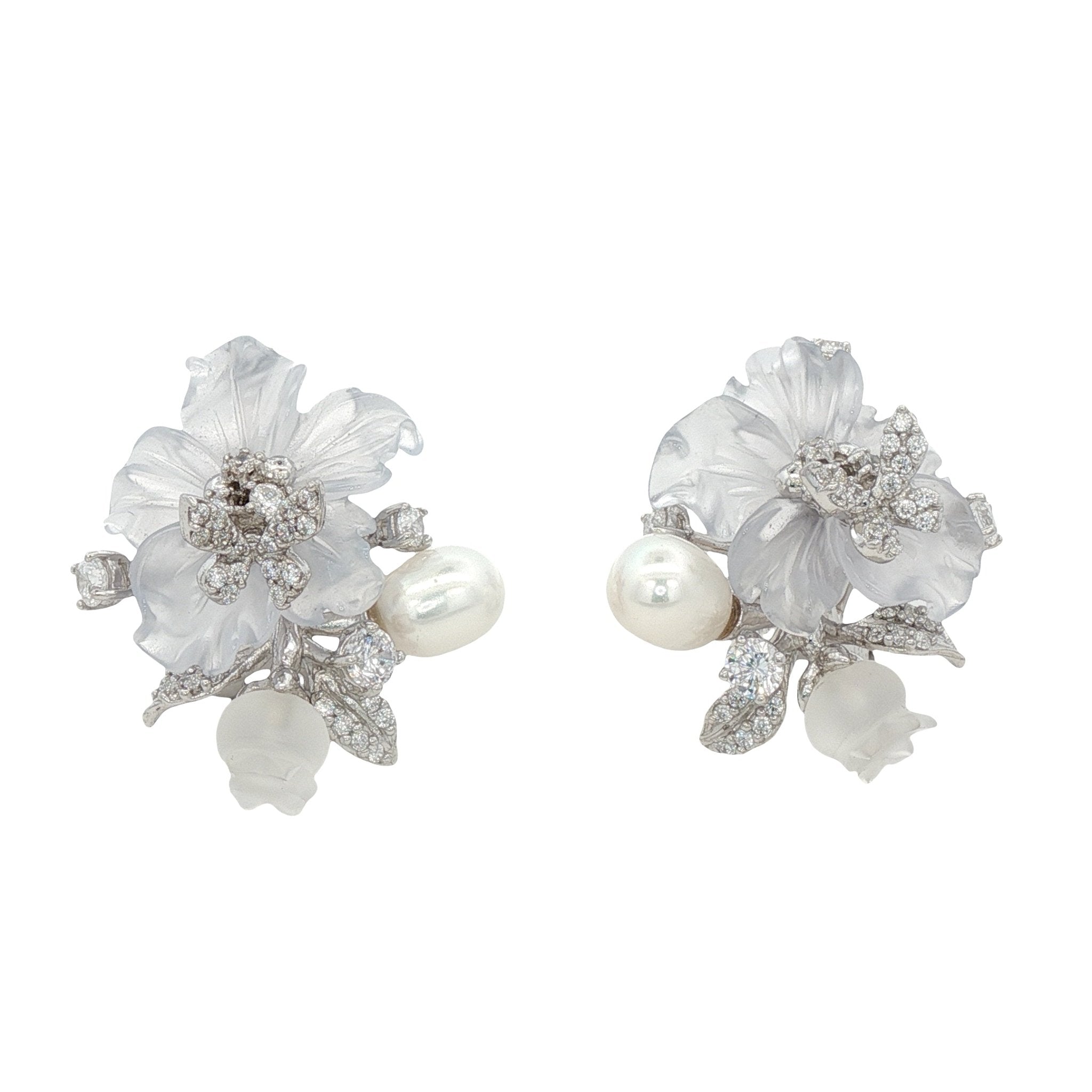 925SL CARVED FLOWER BLUE CHALCEDONY AND BUTTERFLY PAVE CZ EARRINGS - C'SANTOS