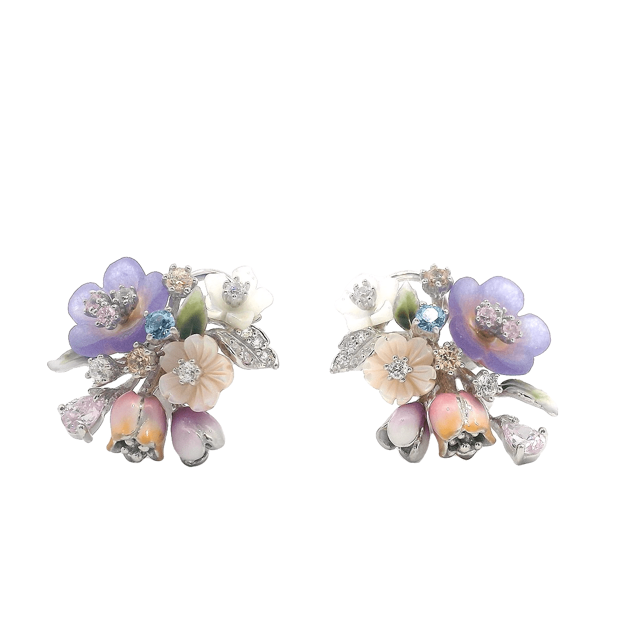 925SL CLUSTER FLOWERS PURPLE AND MIX STONE EARRINGS - C'SANTOS