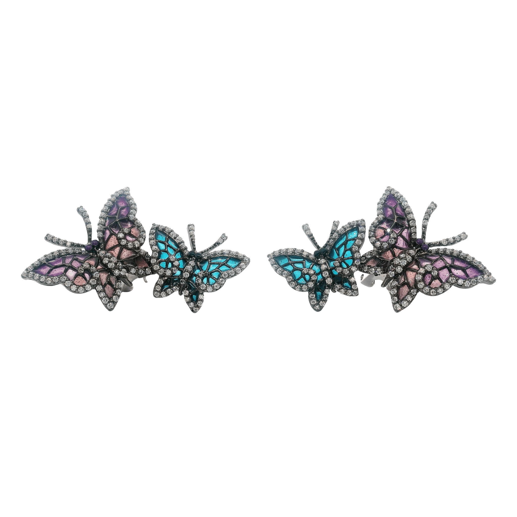 925SL DOUBLE BUTTERFLY AQUA AND PURPLE CZ EARRINGS - C'SANTOS