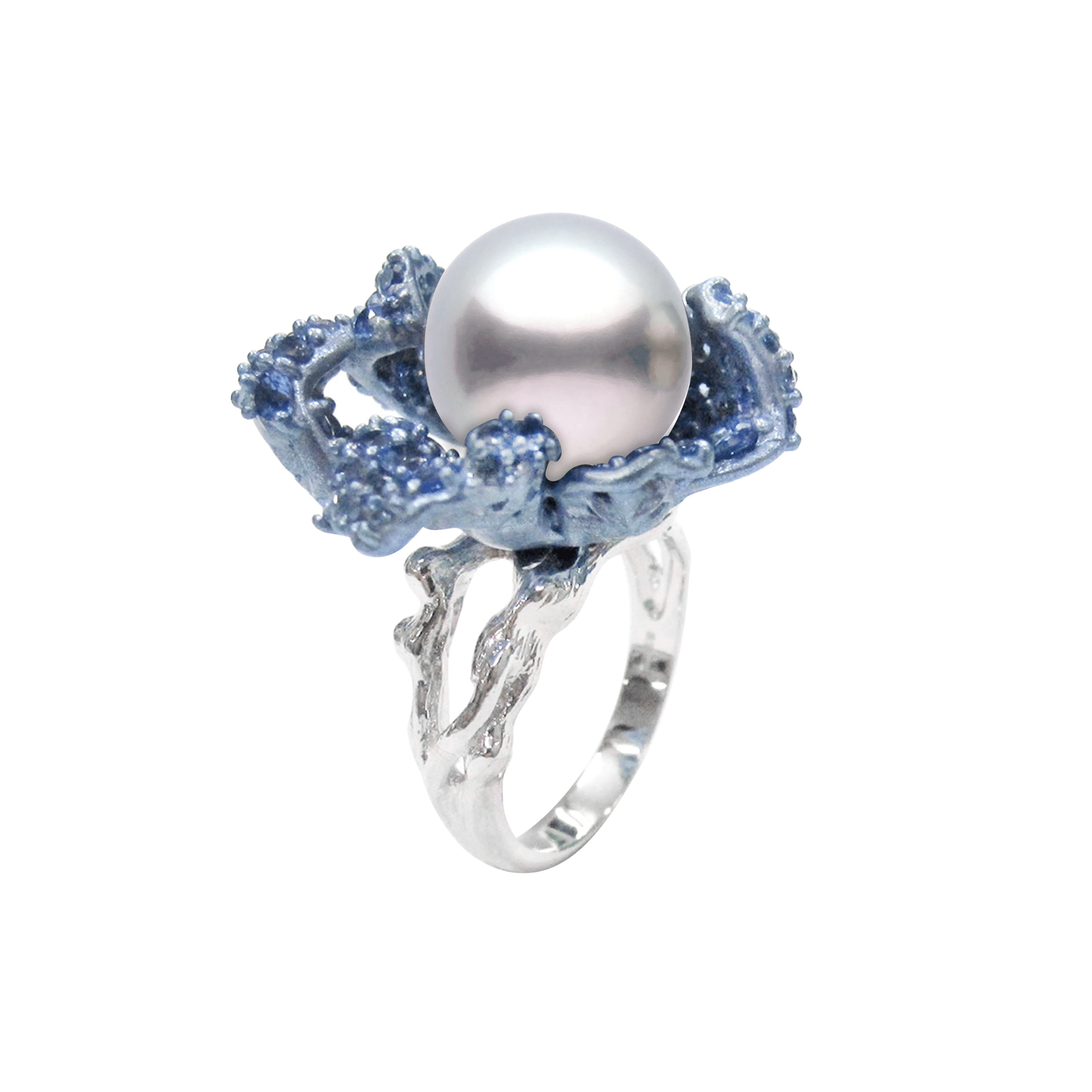 925SL FLOWER BLUE PAVE CENTER PEARL AND TOPAZ BLUE CZ RING T6 - C'SANTOS
