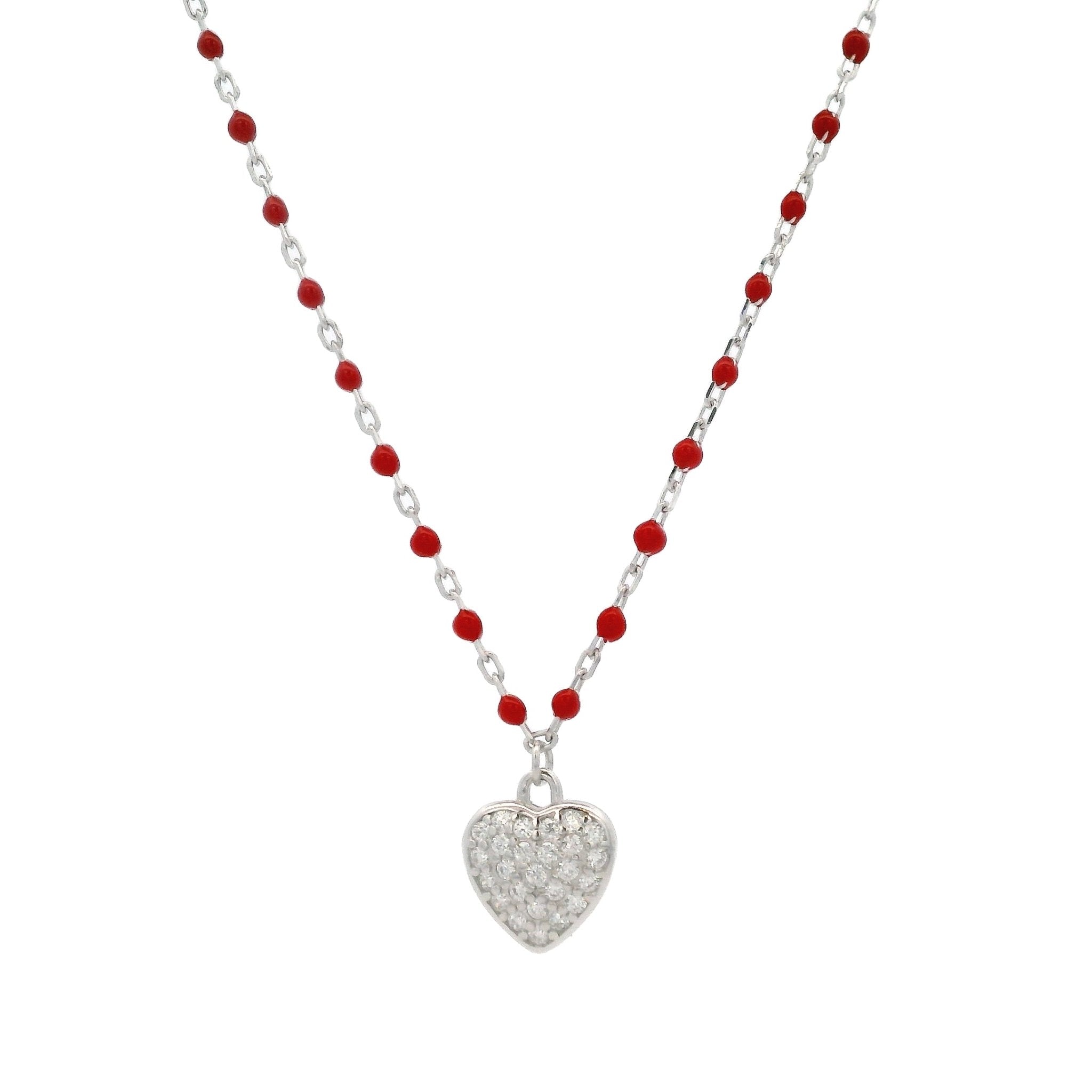 925SL HEART PAVE CZ AND BEAND ENAMEL CORAL NECKLACE - C'SANTOS