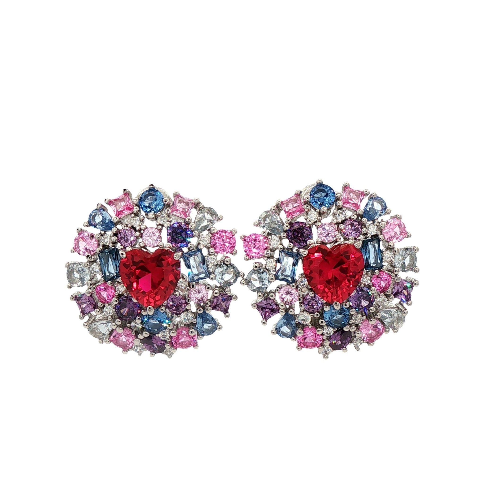 925SL HEART RED WITH CLUSTER MULTICOLOR CZ EARRINGS - C'SANTOS