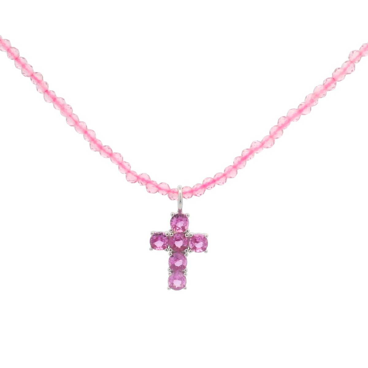925SL MEDIUM CROSS PINK CZ NECKLACE - C'SANTOS