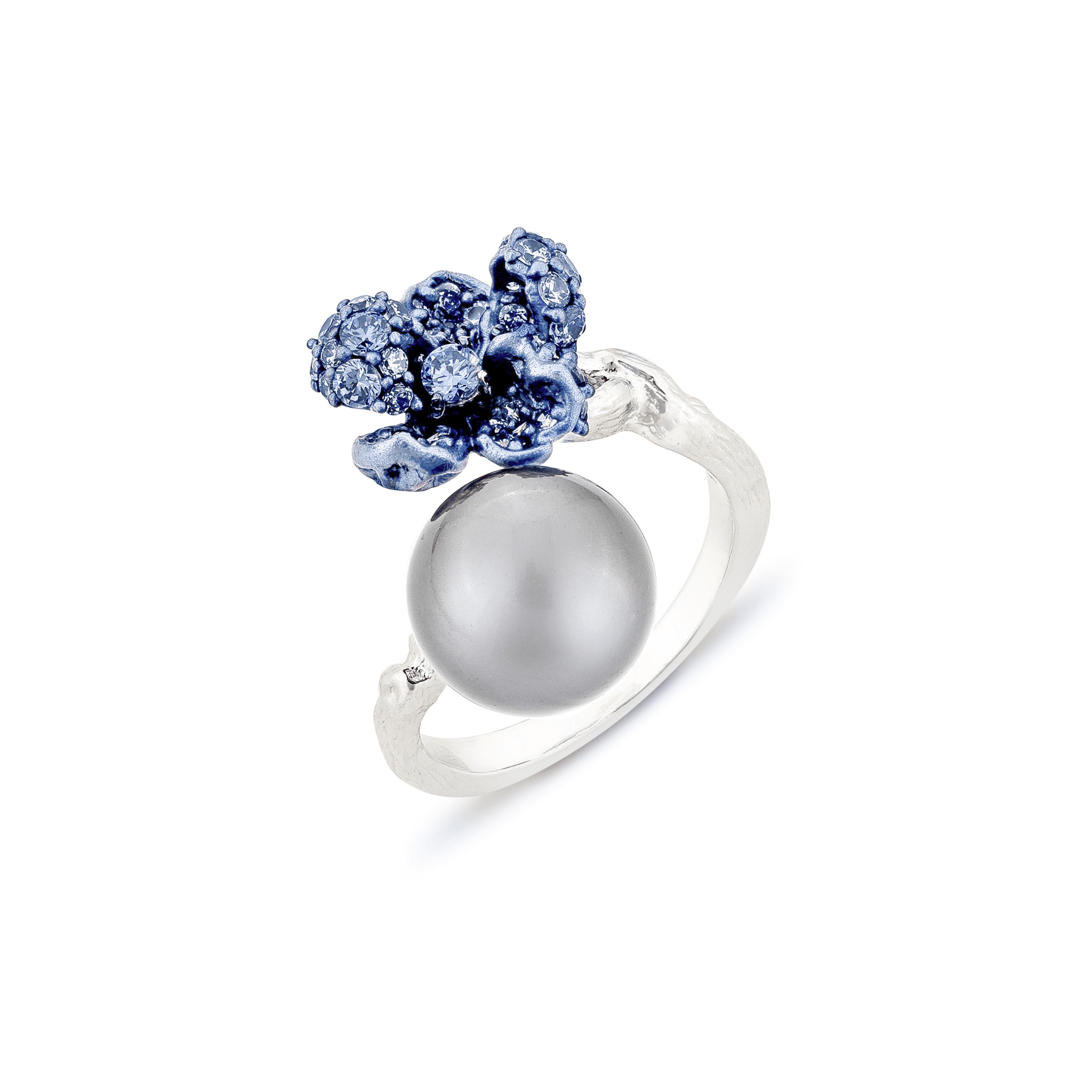925SL MINI FLOWER BLUE CZ AND PEARL GREY OPEN RING T7 - C'SANTOS