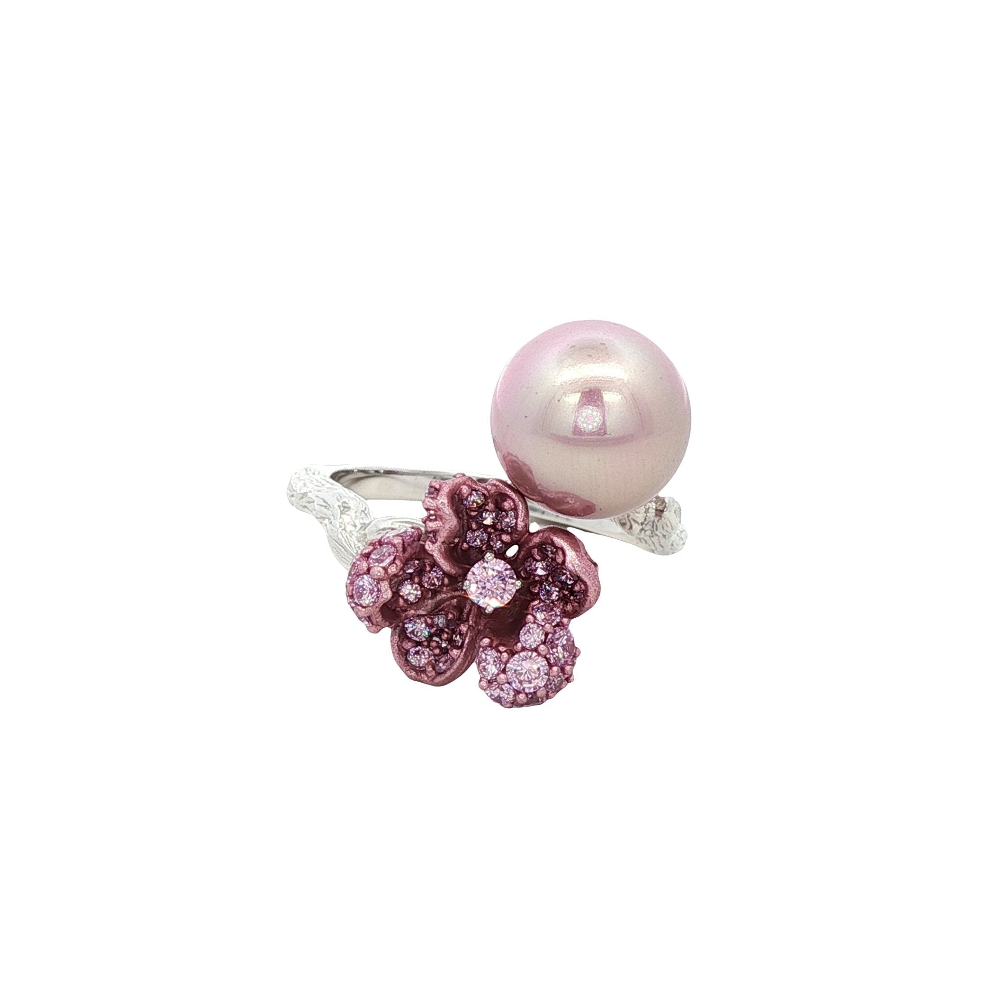 925SL MINI FLOWER PINK CZ AND PEARL PINK OPEN RING T8 - C'SANTOS