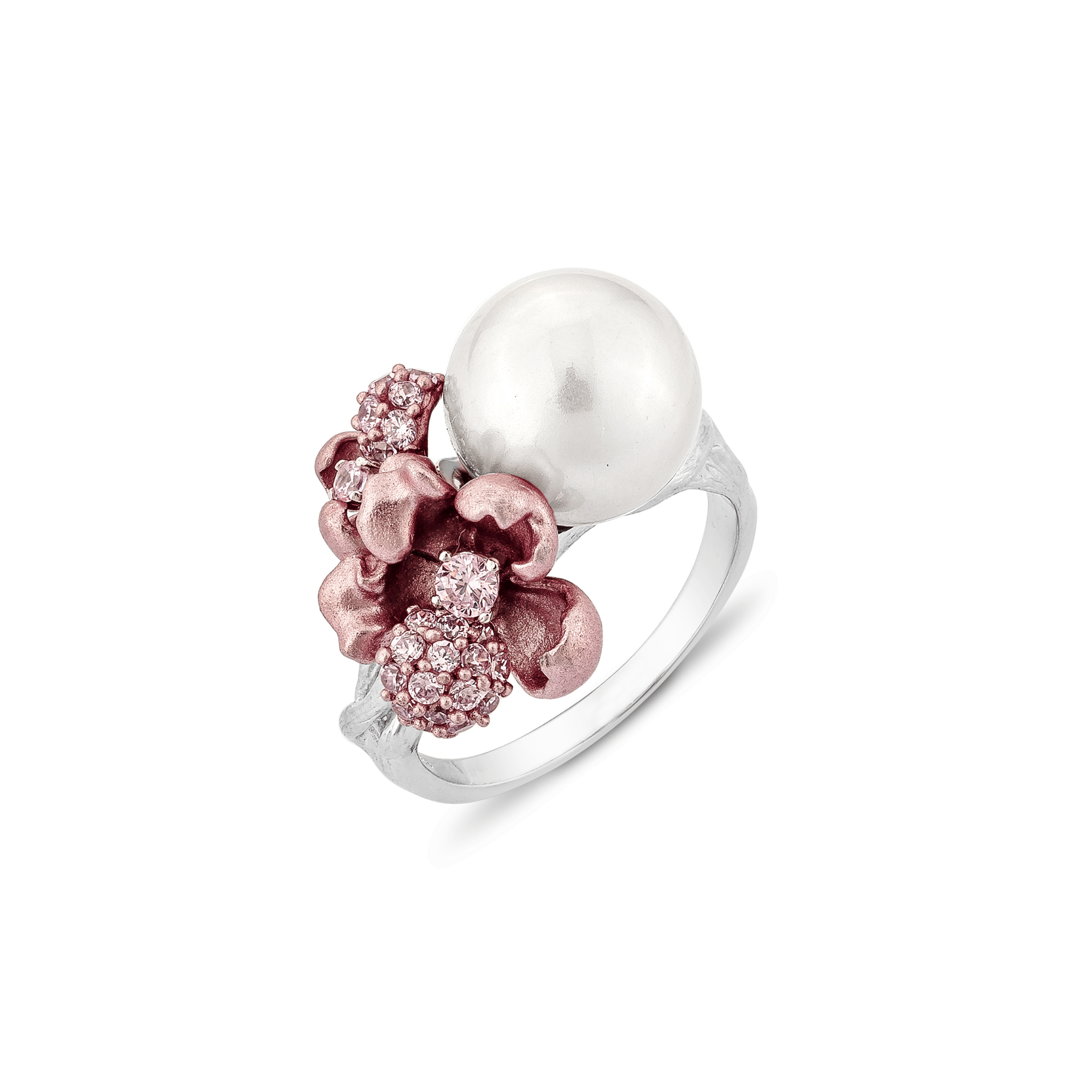 925SL MINI FLOWER PINK CZ AND PEARL WHITE OPEN RING T6 - C'SANTOS