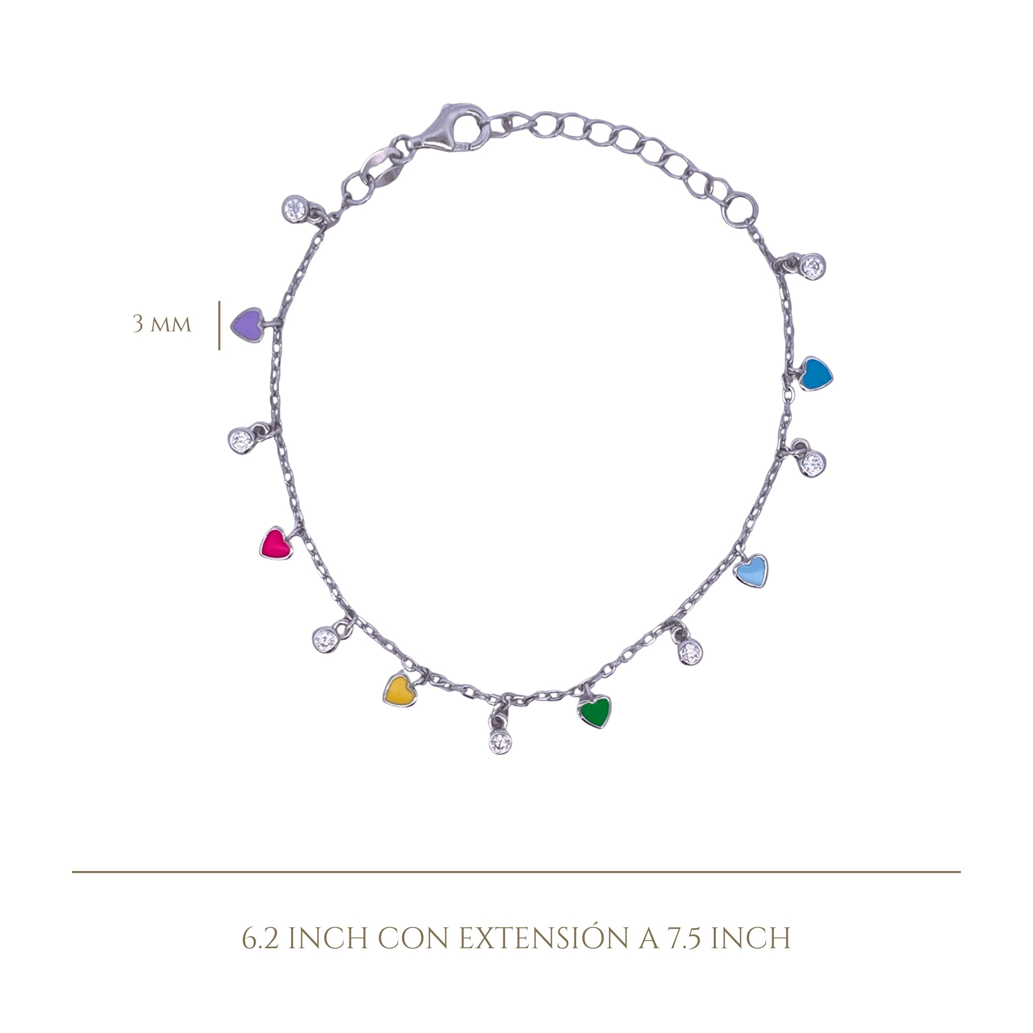 925SL MINI HEARTS WITH MINI BEZEL MULTICOLOR ENAMEL BRACELET - C'SANTOS