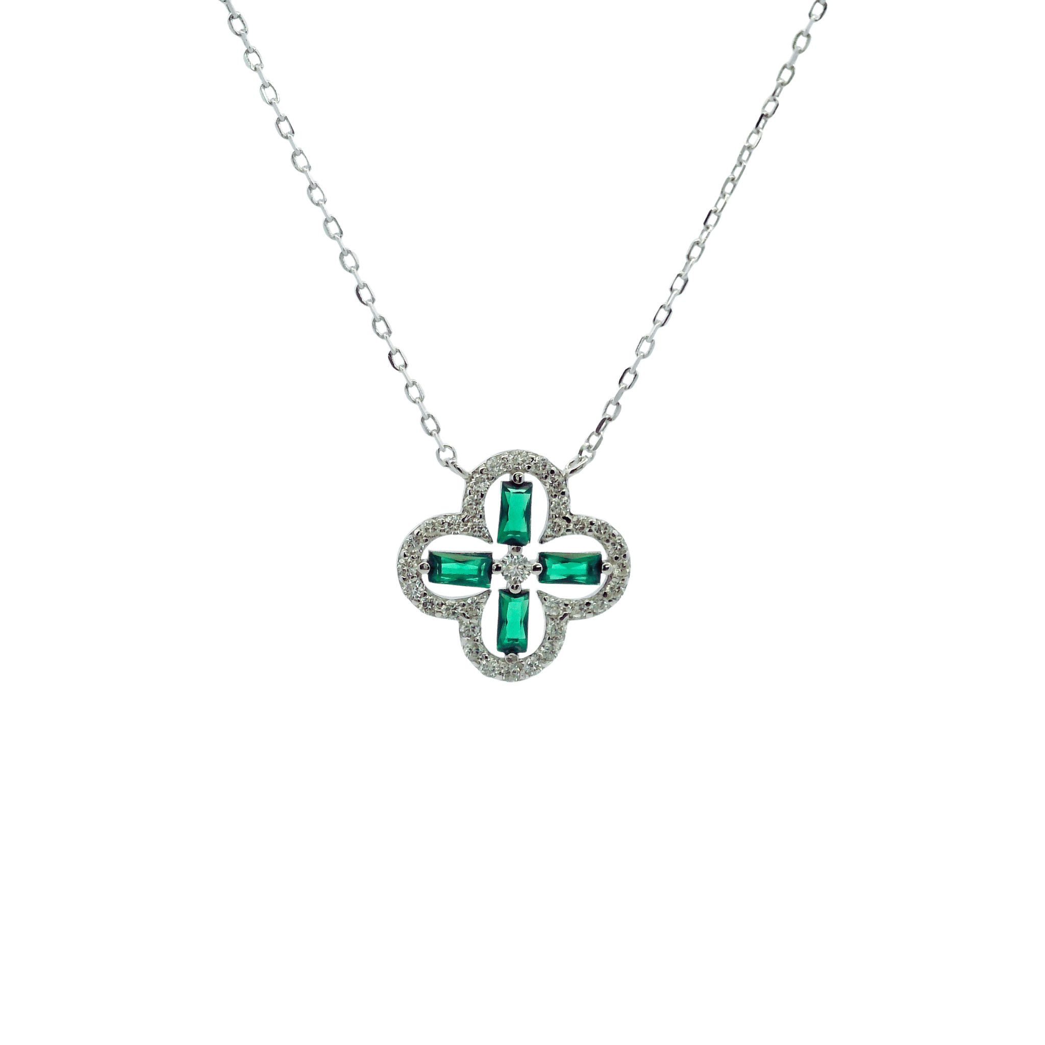 925SL OUTLINE CLOVER CZ GREEN NECKLACE - C'SANTOS