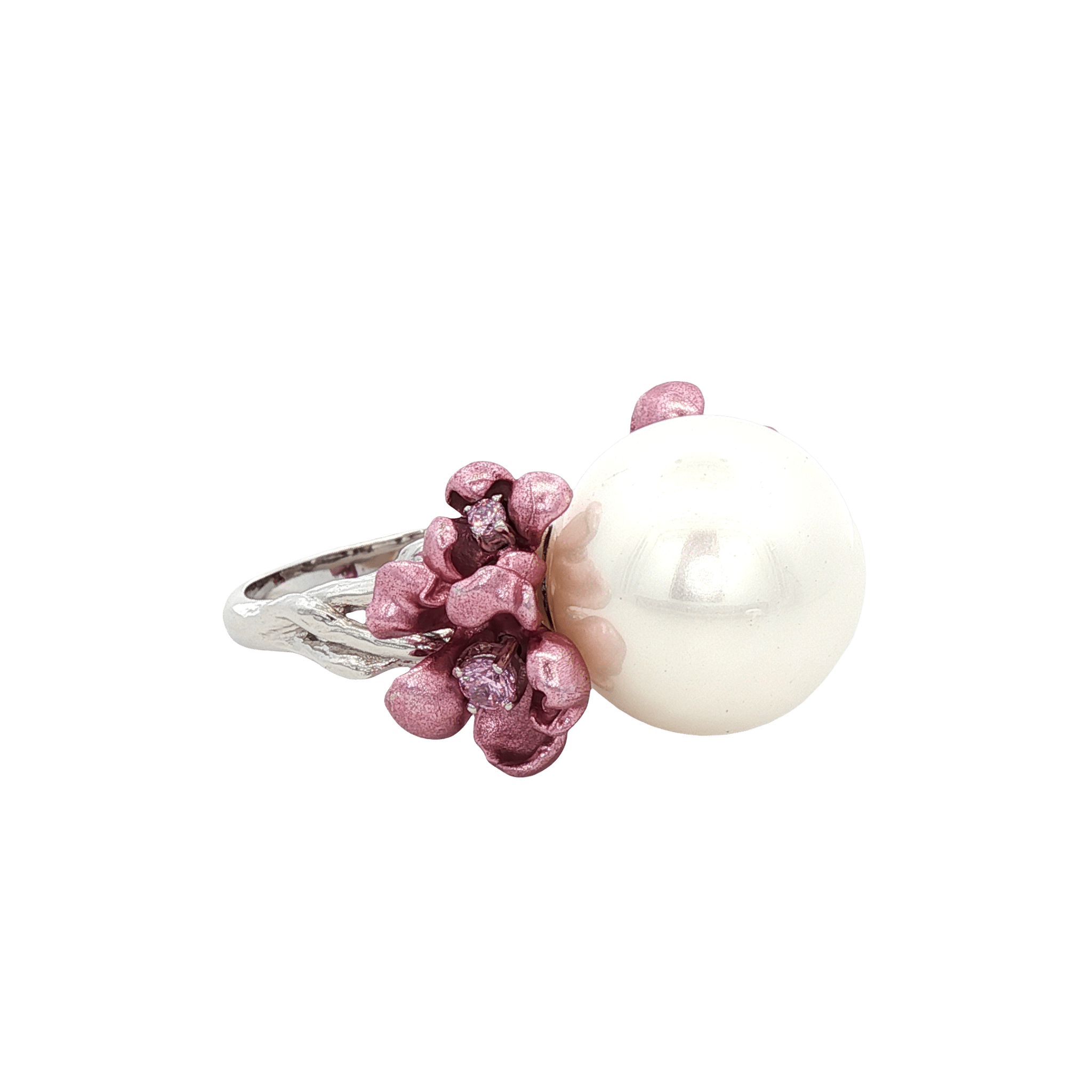 925SL PEARL CENTER AND FLOWER ALUMINIUM PINK CZ RING T6 - C'SANTOS