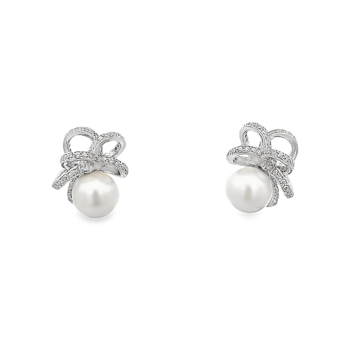 925SL RIBBON KNOT PAVE AND PEARL EARRINGS - C'SANTOS