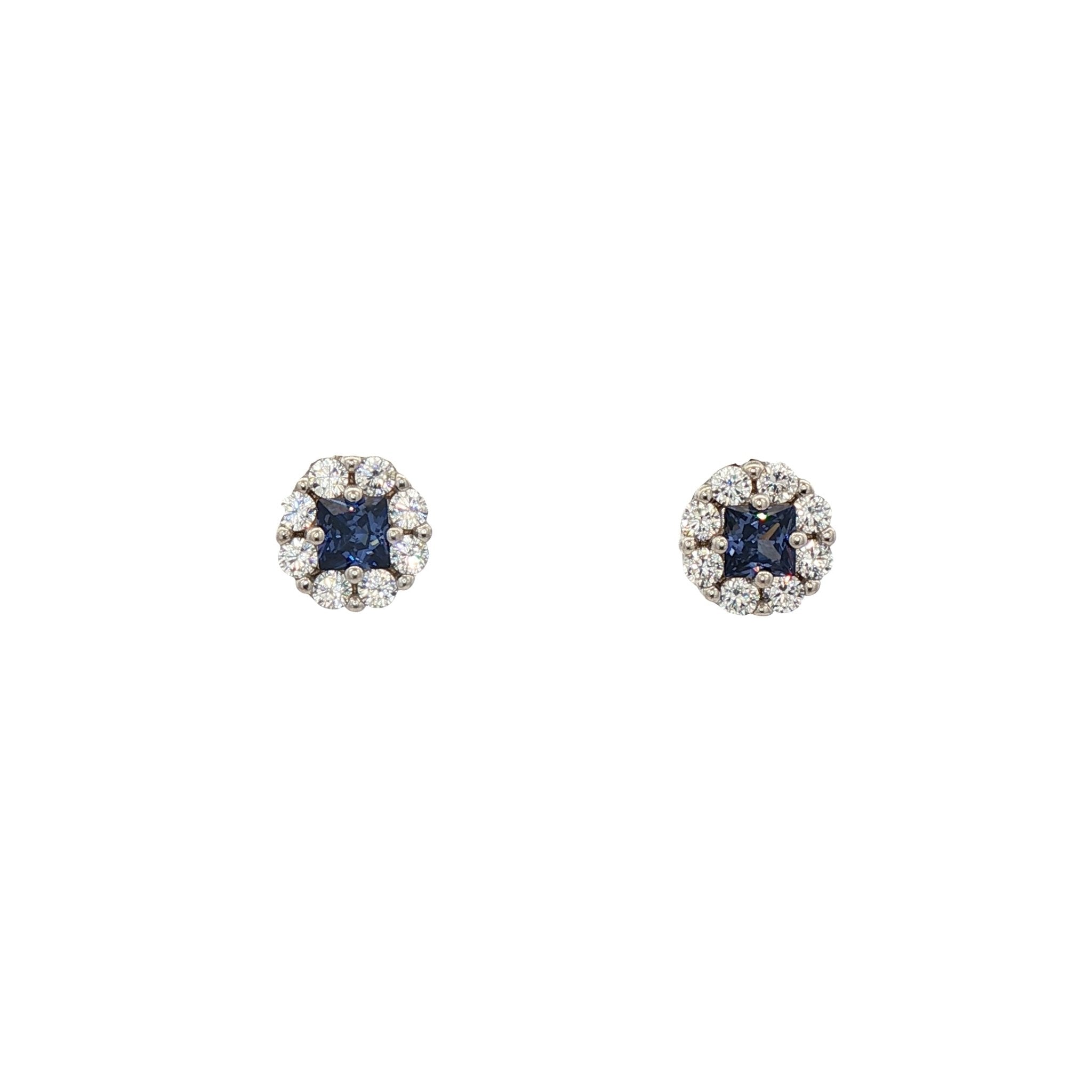 925SL ROUND HALO WHITE CENTER BLUE CZ STUD EARRINGS - C'SANTOS