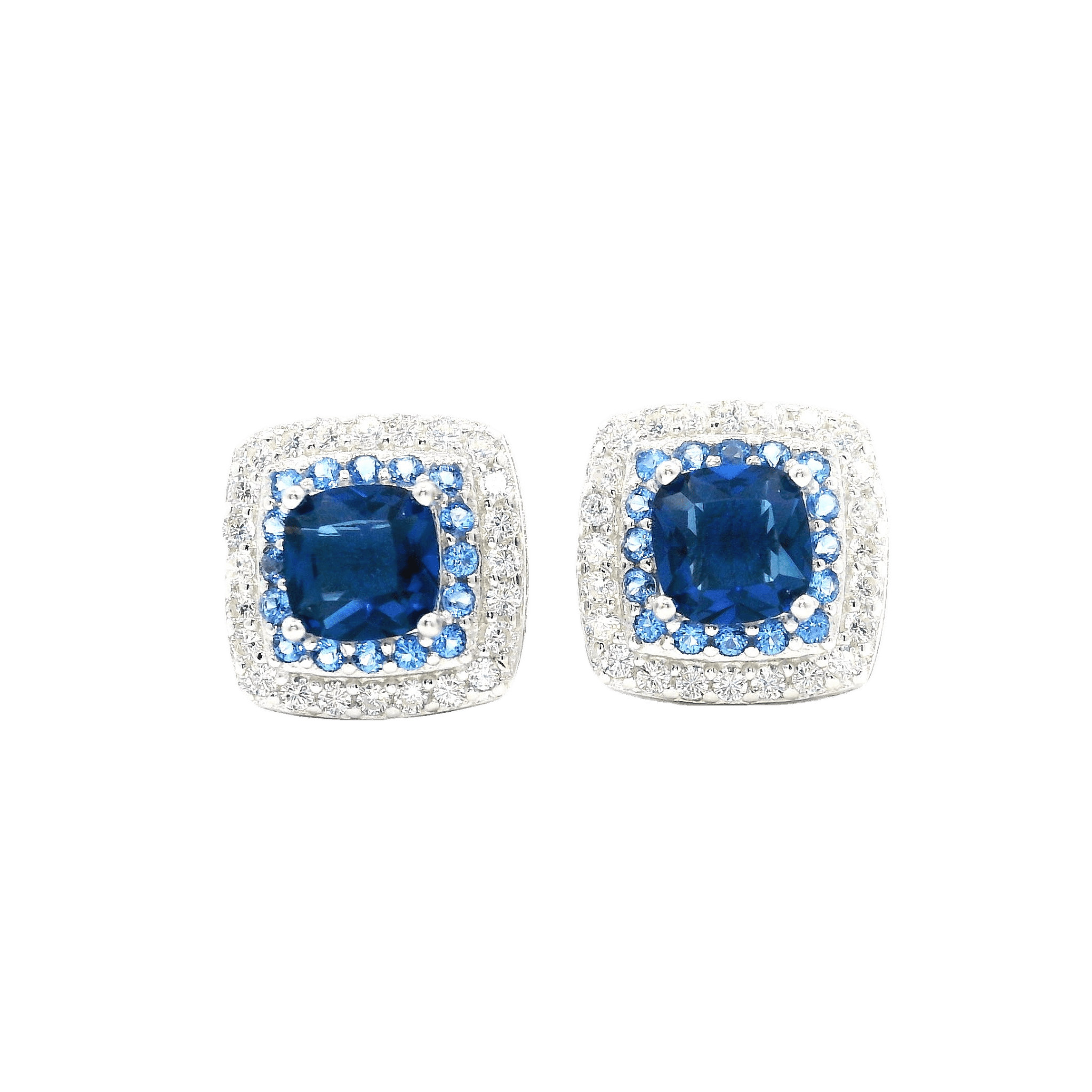 925SL SQUARE HALO CZ BLUE STUD EARRINGS - C'SANTOS