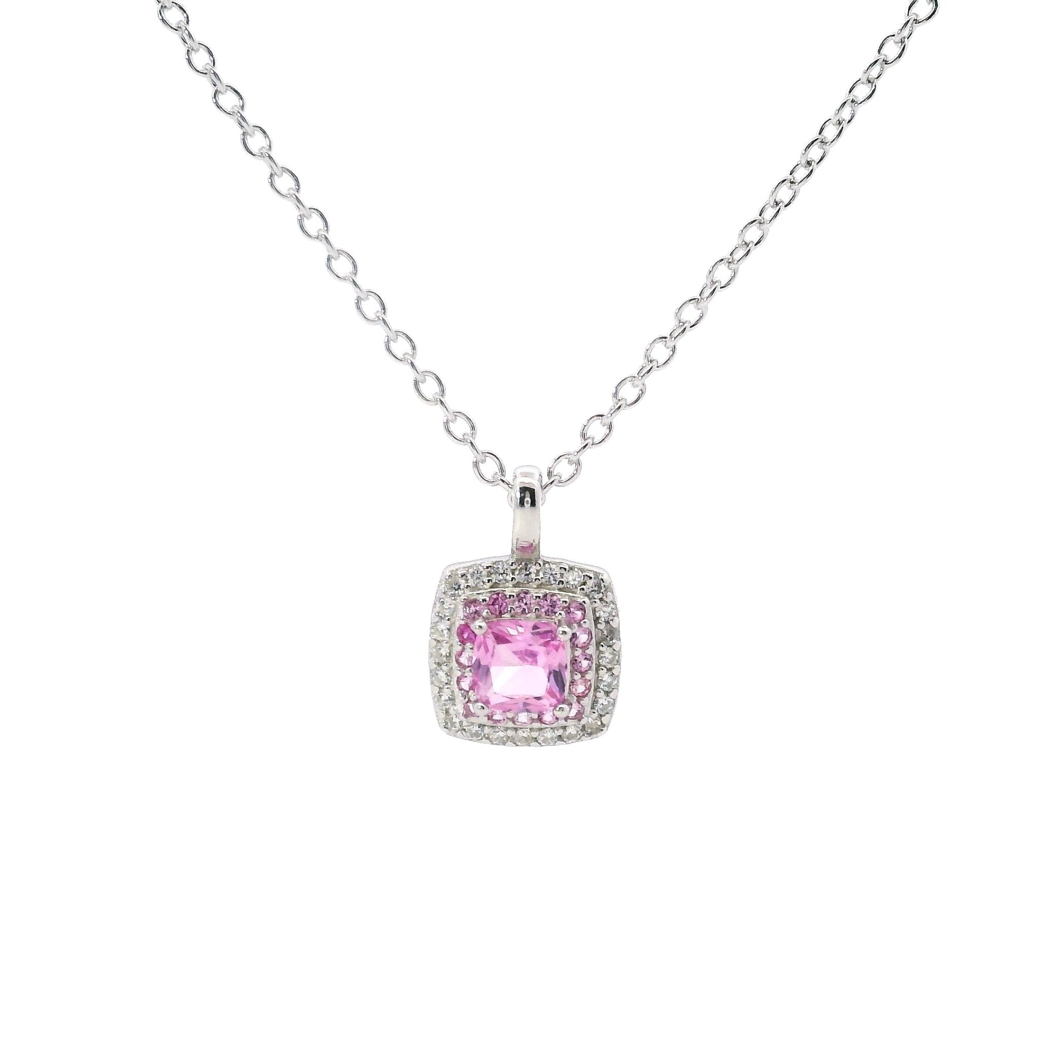 925SL SQUARE HALO CZ PINK STUD NECKLACE - C'SANTOS