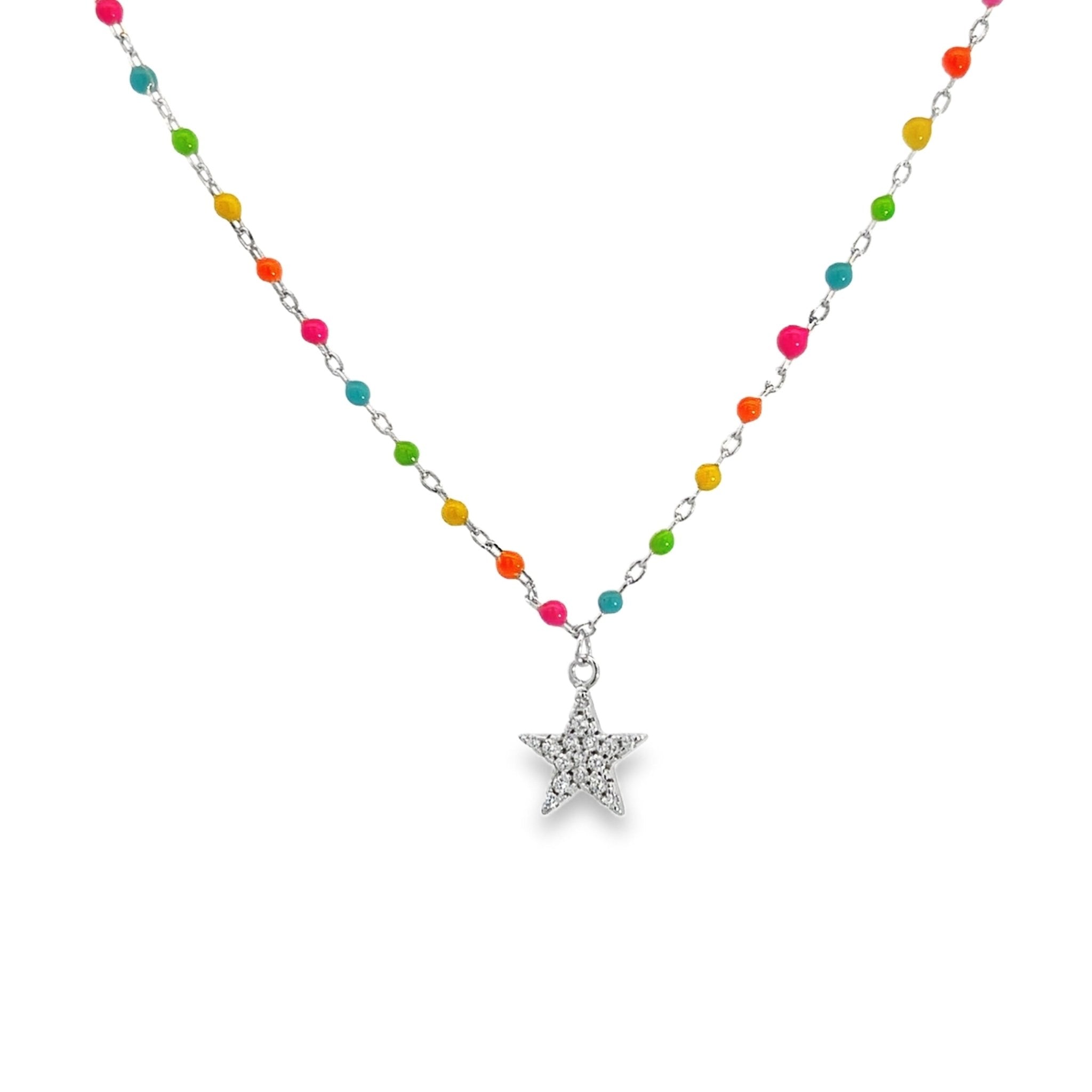 925SL STAR PAVE CZ AND BEAND ENAMEL MULTICOLOR NECKLACE - C'SANTOS
