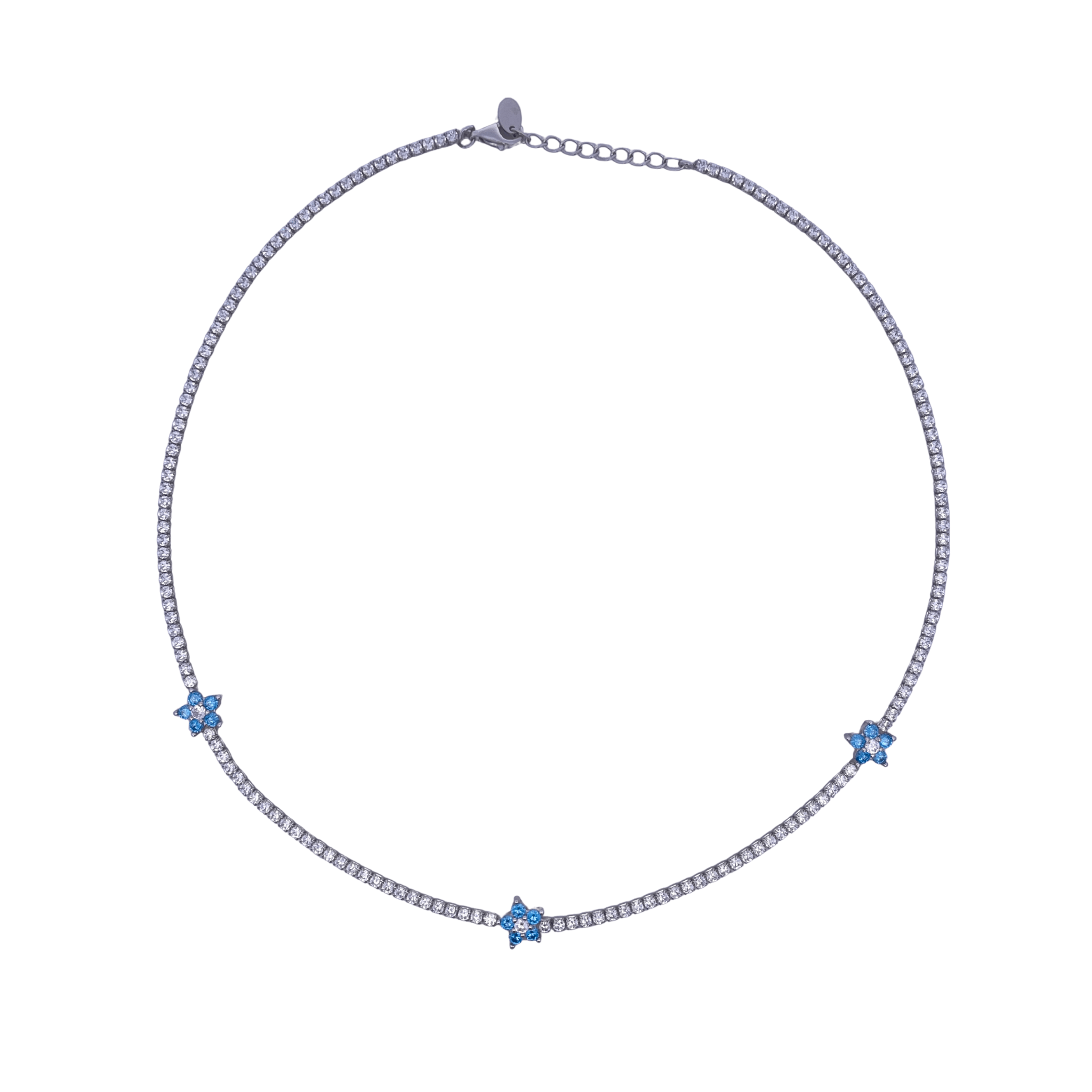 925SL TENNIS TRIPLE FLOWER CZ SKY BLUE NECKLACE - C'SANTOS