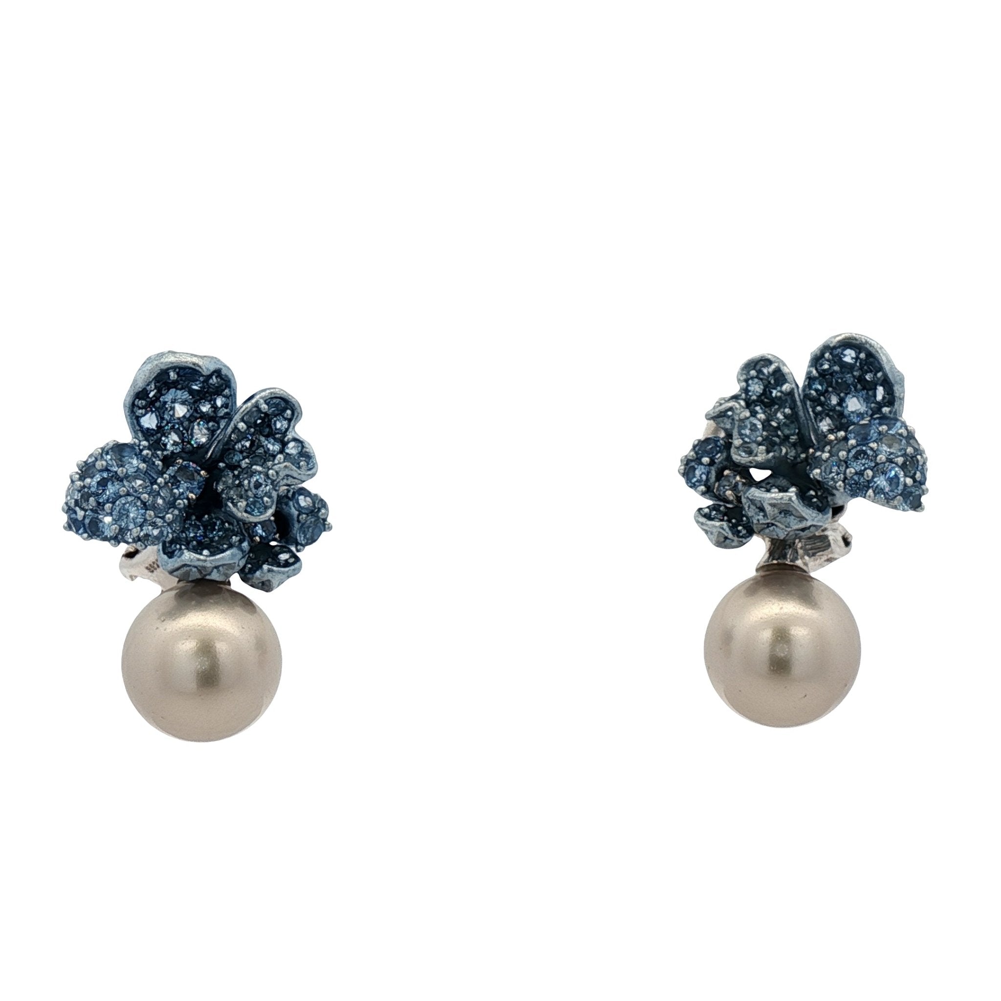 925SL TWO FLOWER ALUMINIUM CZ BLUE AND PEARL GREY EARRINGS - C'SANTOS