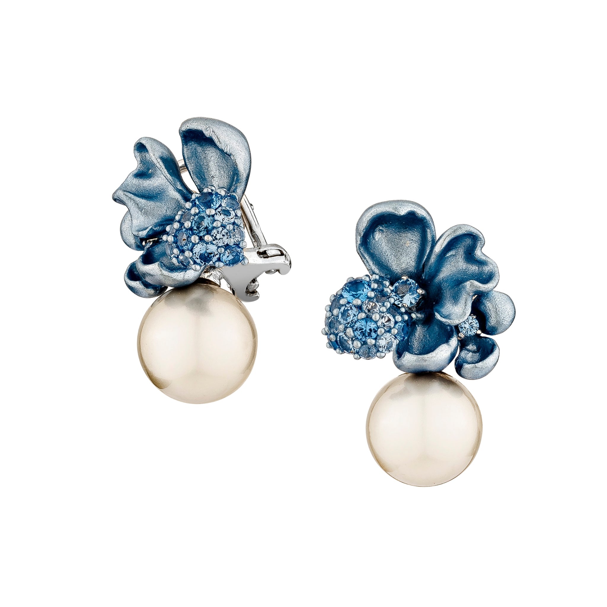 925SL TWO FLOWER ALUMINIUM PINK AND PEARL WHITE CZ EARRINGS - C'SANTOS