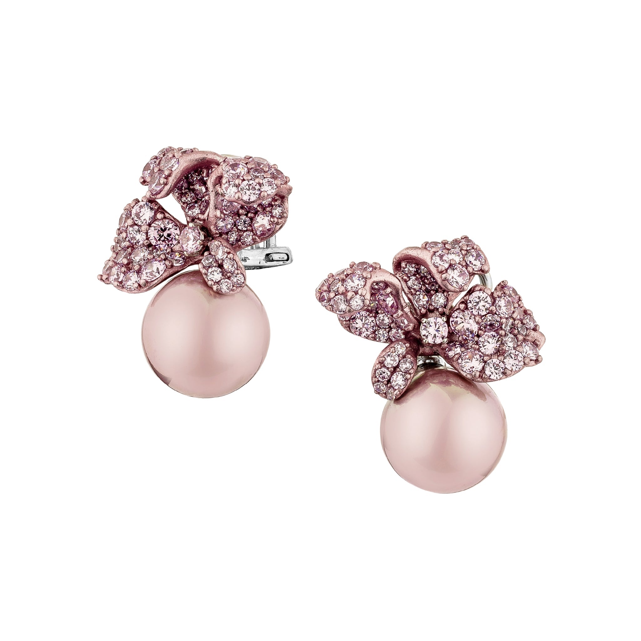 925SL TWO FLOWER CZ ALUMINIUM PINK AND PEARL PINK EARRINGS - C'SANTOS