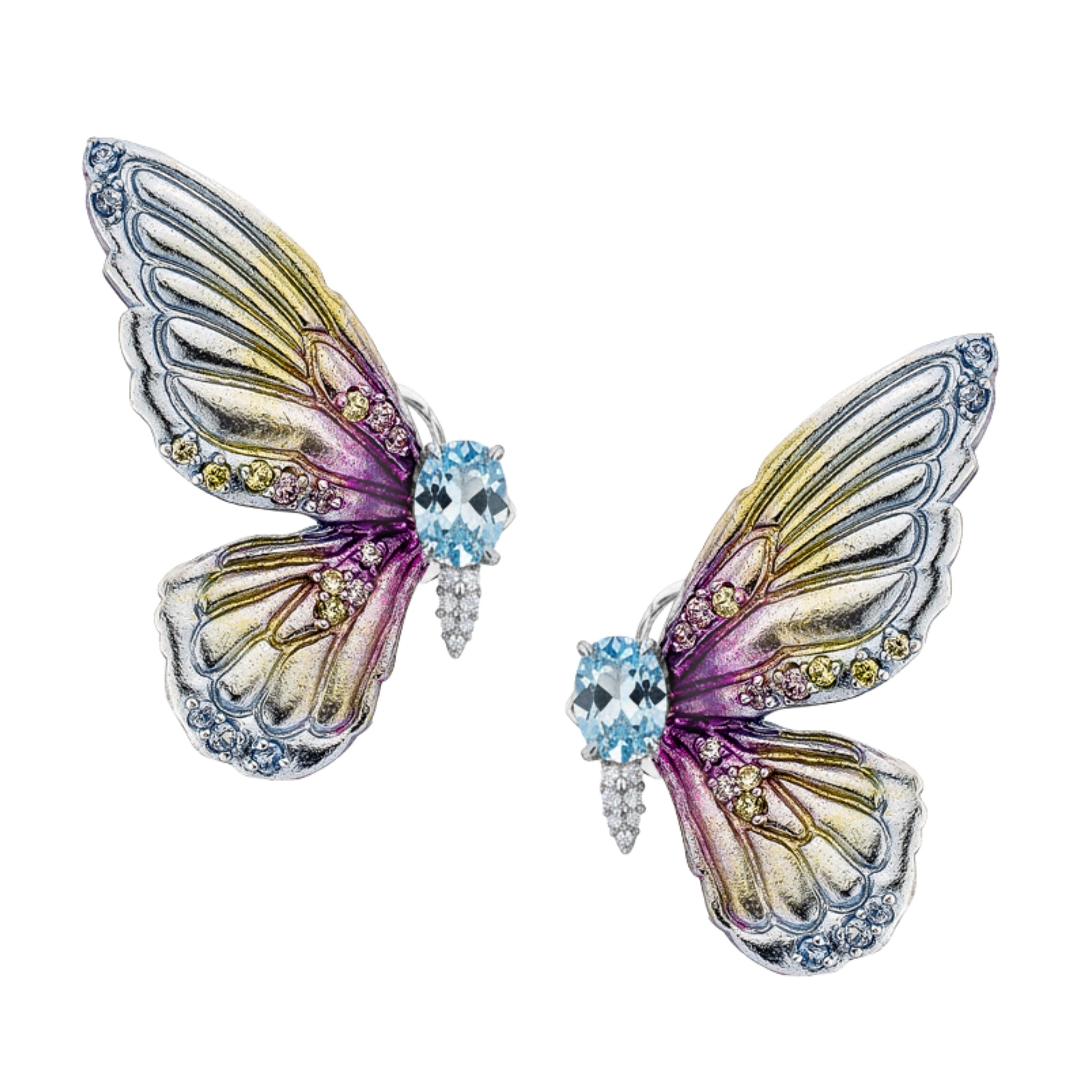 925SL WINGS BUTTERFLY ALUMINIUM BLUE TONE CENTER SYN BLUE TOPAZ EARRINGS - C'SANTOS