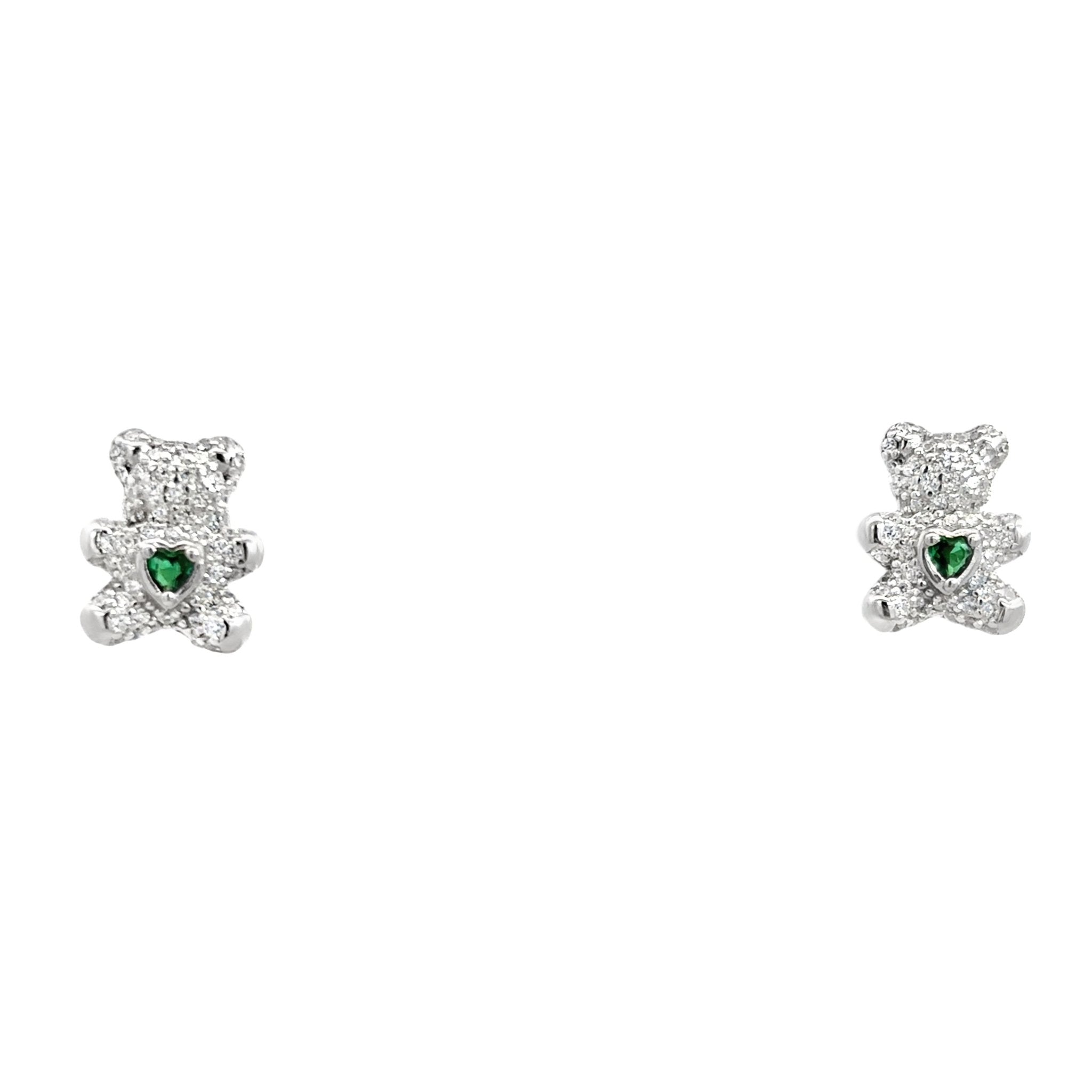 925SS BEAR WHITE HEART GREEN CZ EARRINGS - C'SANTOS