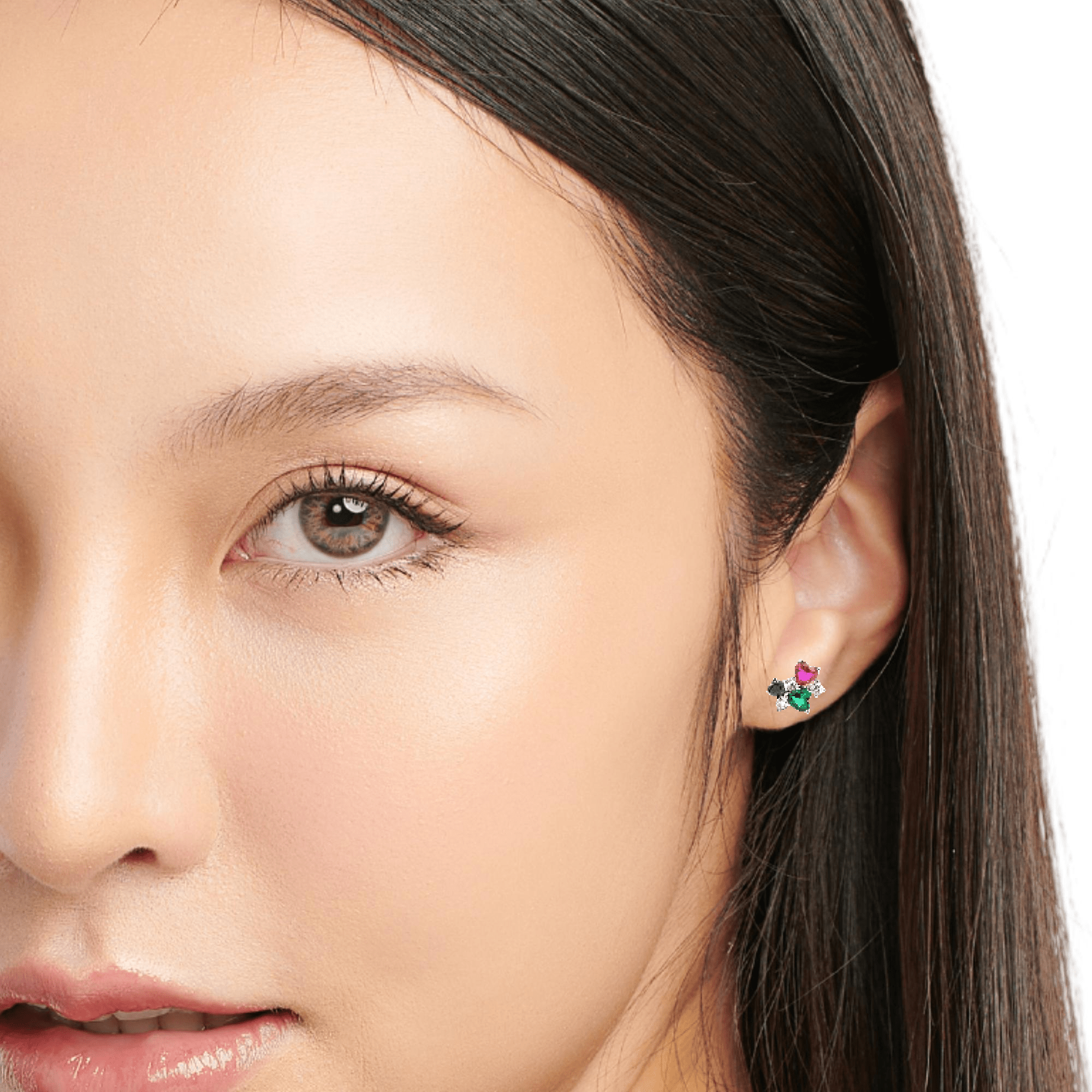 925SS CLUSTER 3 HEART MULTICOLOR CZ EARRINGS - C'SANTOS