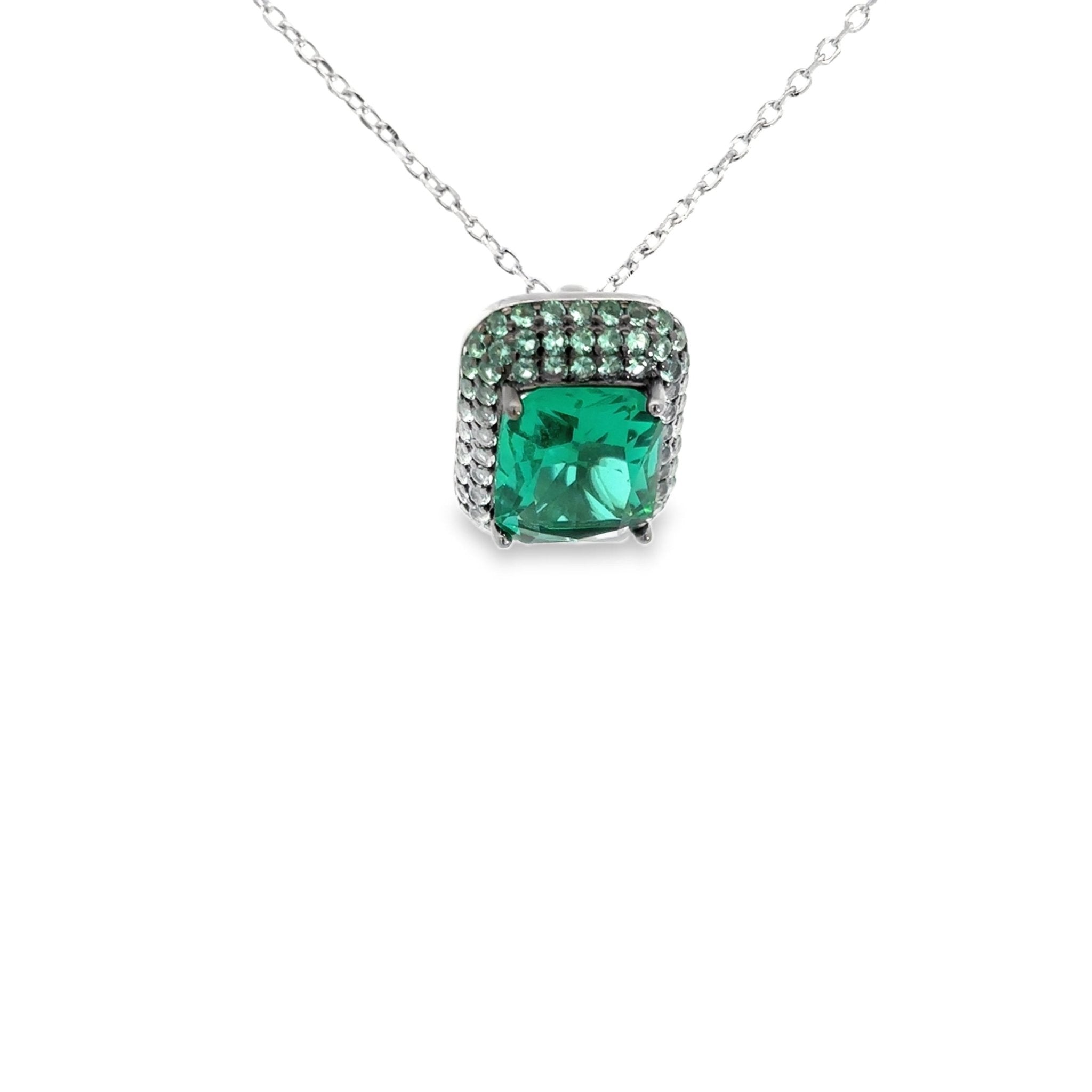 925SS RECTANGLE AND HALO PAVE GREEN CZ NECKLACE - C'SANTOS