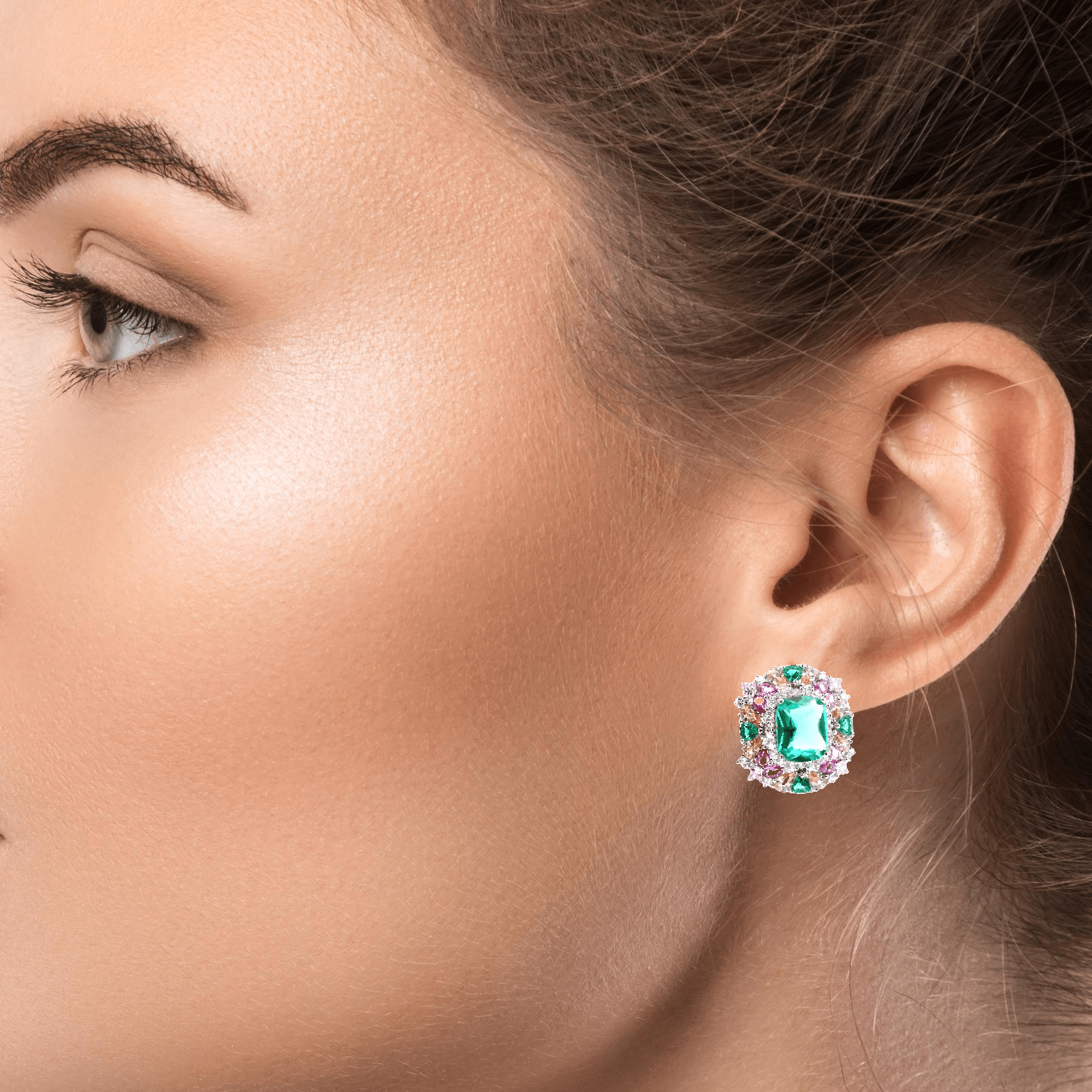 925SS SQUARE GREEN WITH CLUSTER MULTICOLOR CZ EARRINGS - C'SANTOS