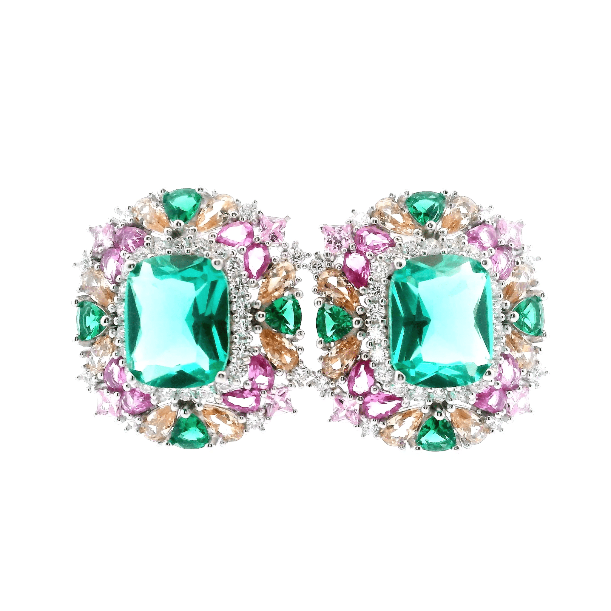 925SS SQUARE GREEN WITH CLUSTER MULTICOLOR CZ EARRINGS - C'SANTOS