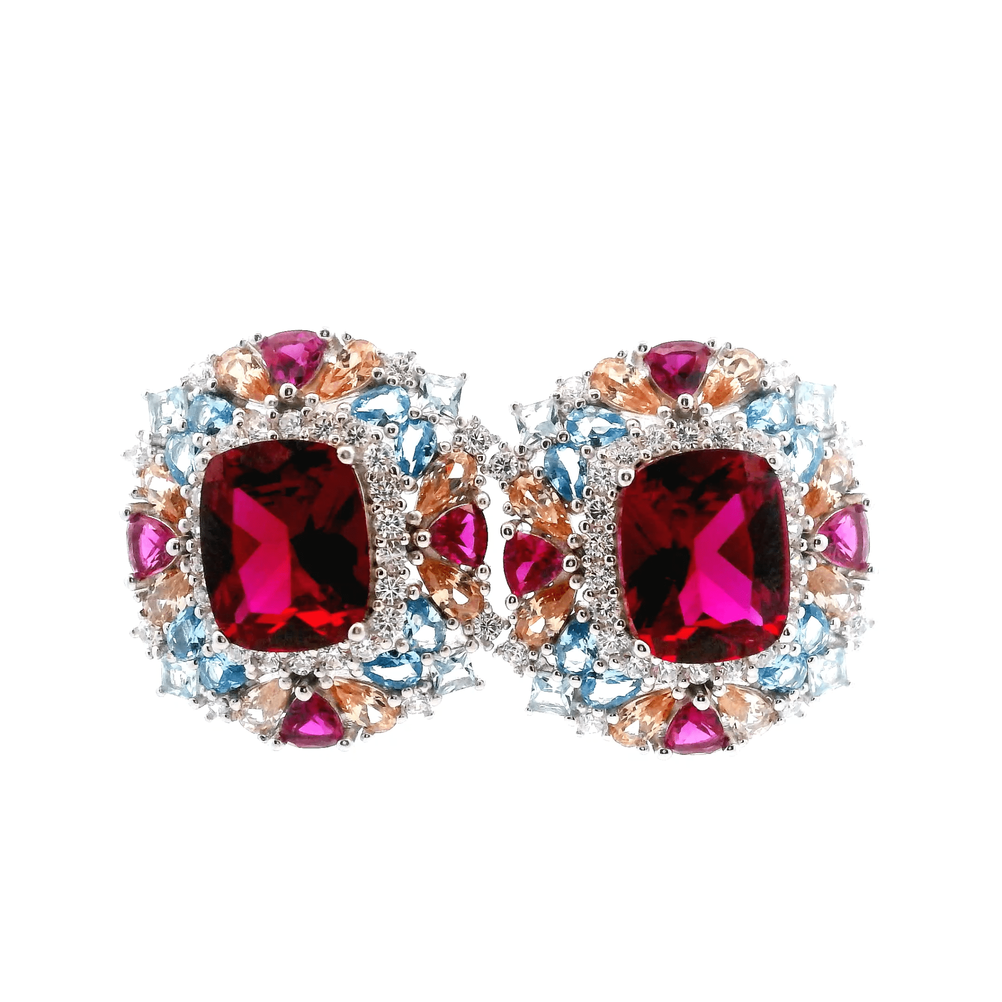 925SS SQUARE RED WITH CLUSTER MULTICOLOR CZ EARRINGS - C'SANTOS