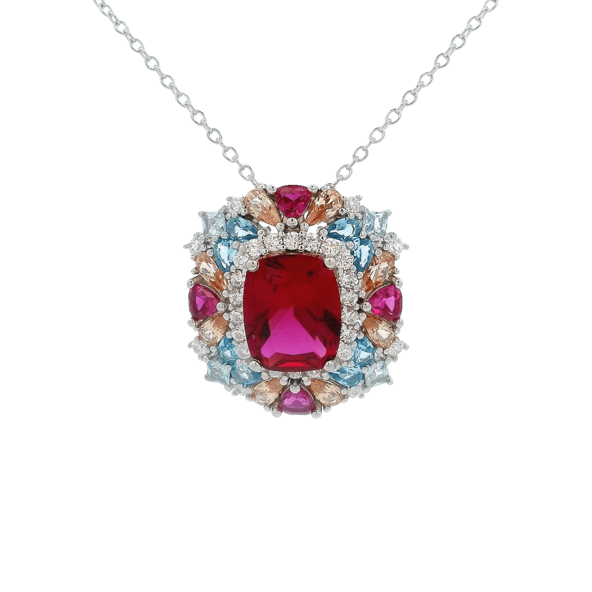 925SS SQUARE RED WITH CLUSTER MULTICOLOR CZ NECKLACE - C'SANTOS
