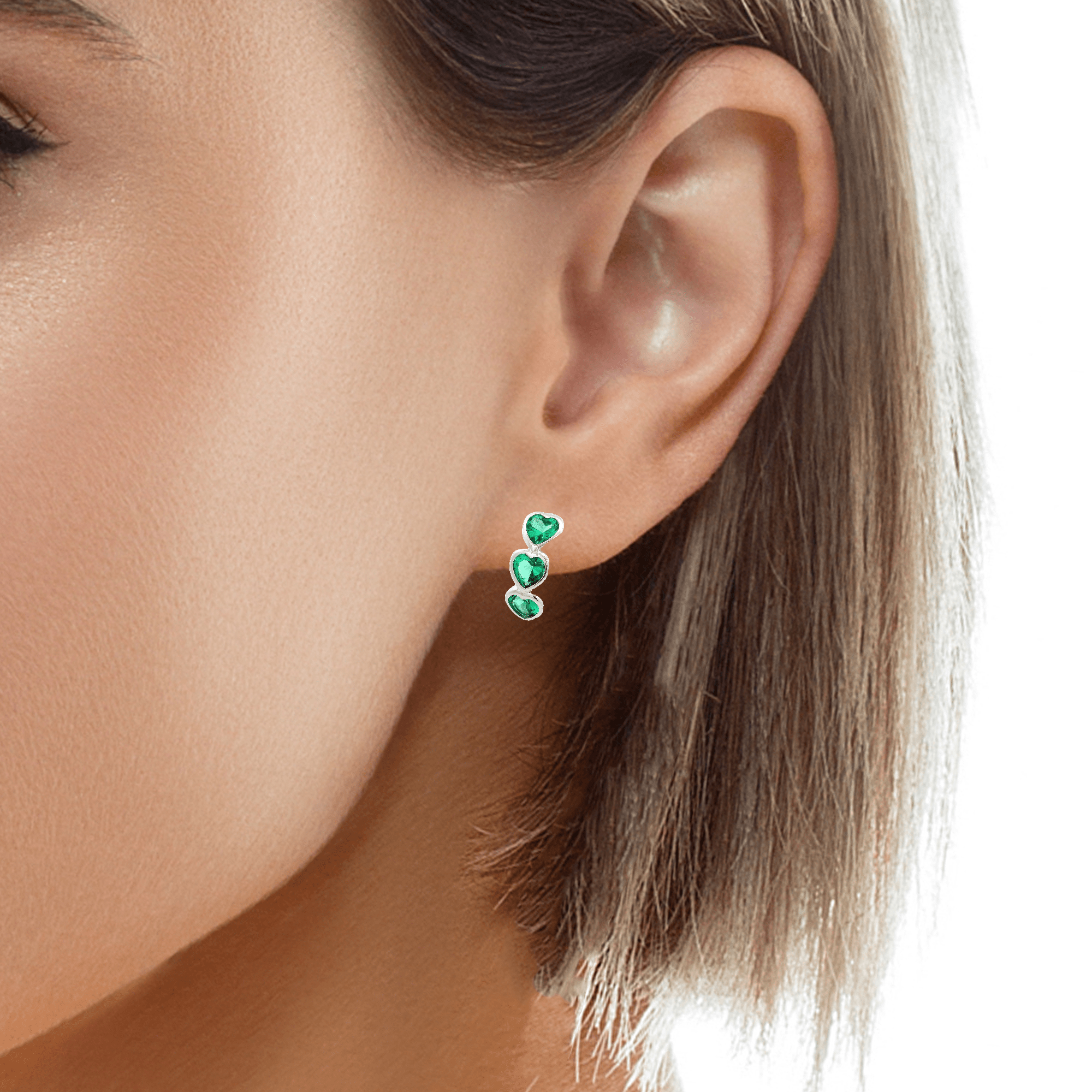 925SS TRIPLE HEART GREEN CZ HOOPS - C'SANTOS