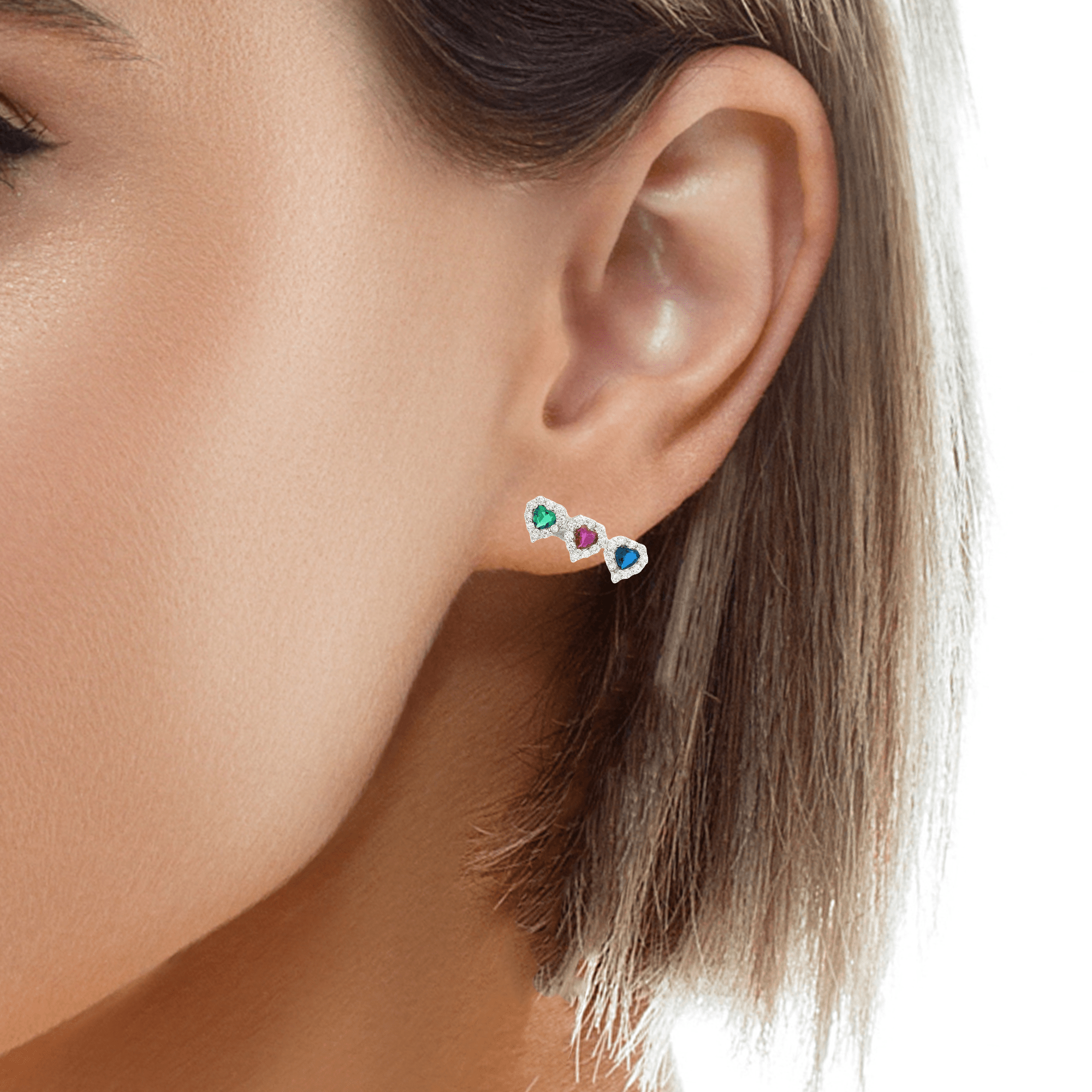 925SS TRIPLE HEART MULTICOLOR CZ EARRINGS - C'SANTOS