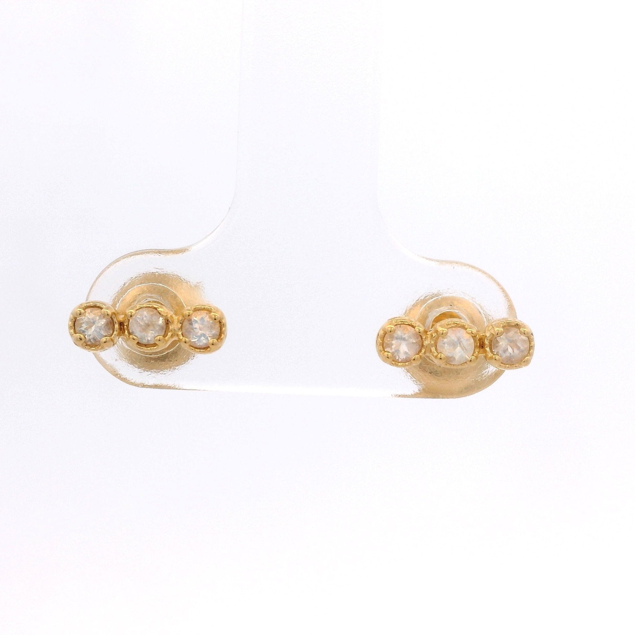 925YG BAR MINI 3 STONE MOOSTONE EARRINGS - C'SANTOS