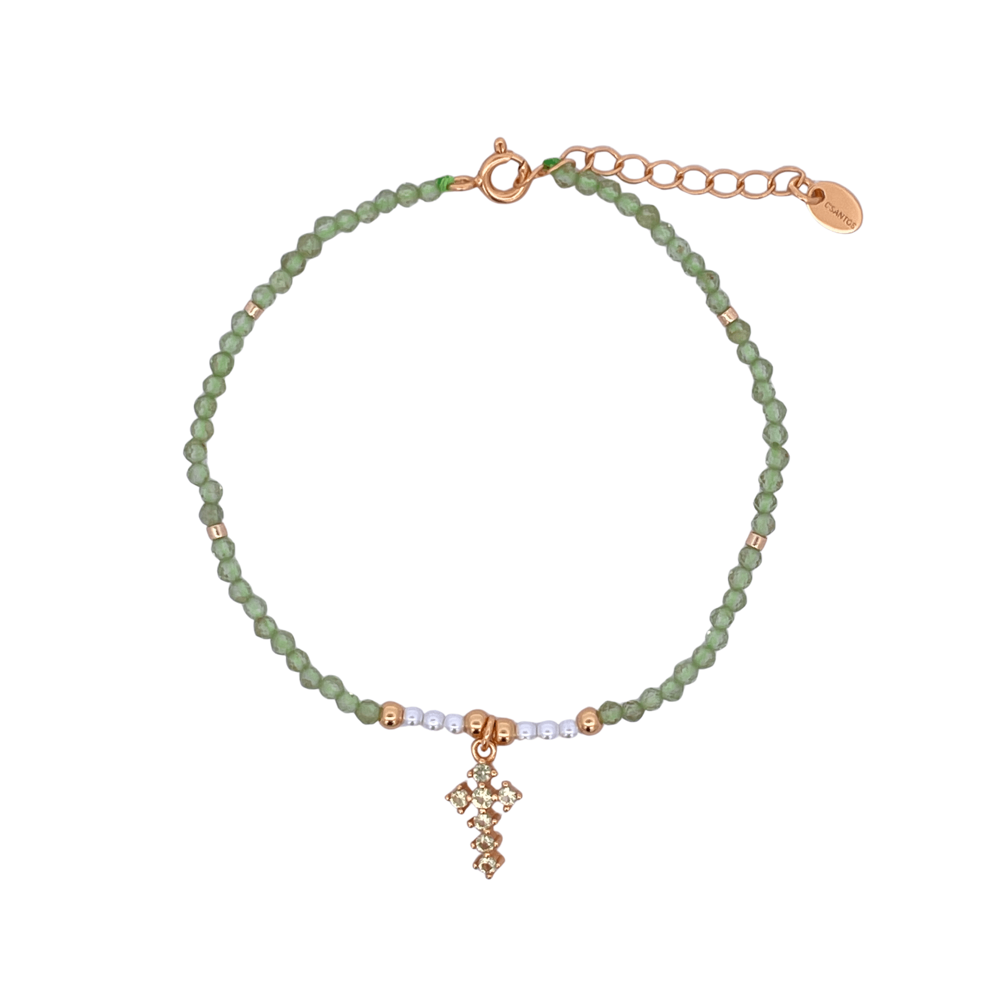 925YG BEANDS WITH CROSS BRACELET PERIDOT - C'SANTOS