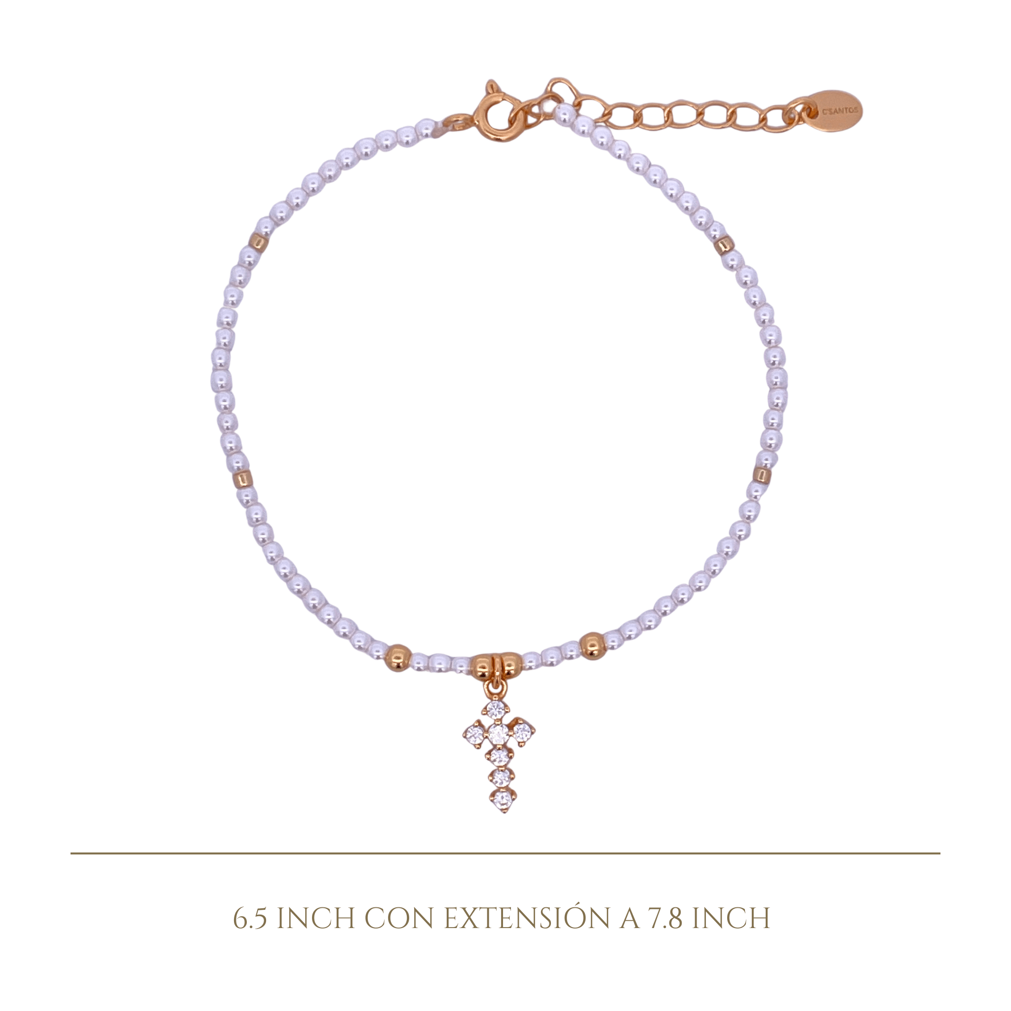 925YG BEANDS WITH CROSS BRACELET SYN PEARL - C'SANTOS