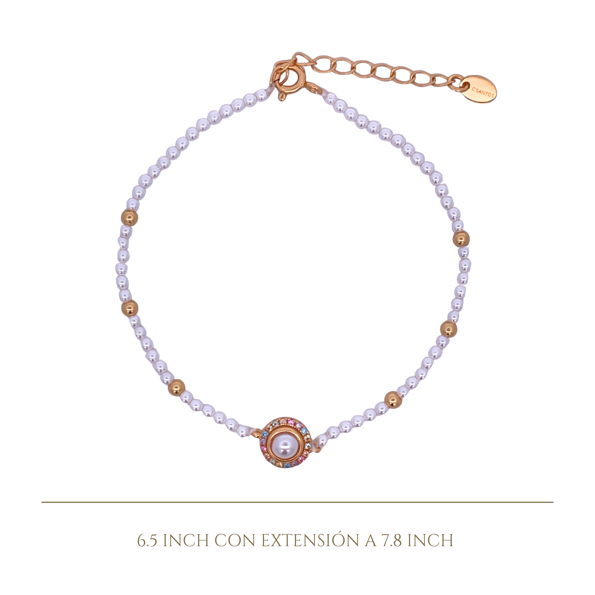 925YG BEANDS WITH SOLITARY HALO BRACELET SYN PEARL - C'SANTOS