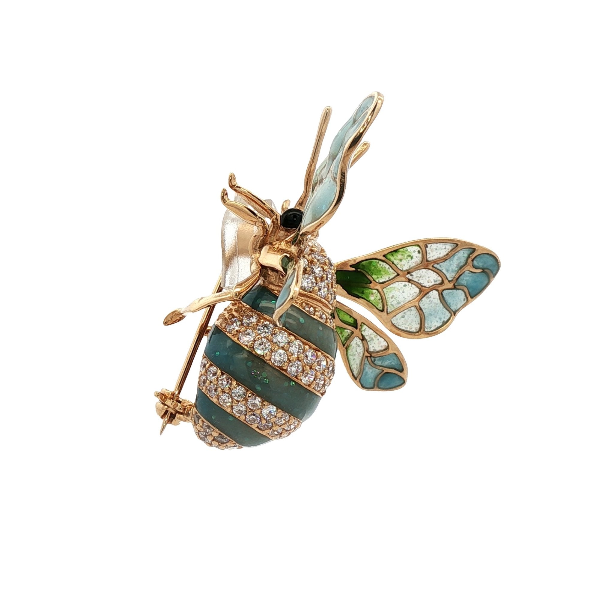925YG BEE ENAMEL TURQUESA CZ 28MM BROOCH - C'SANTOS