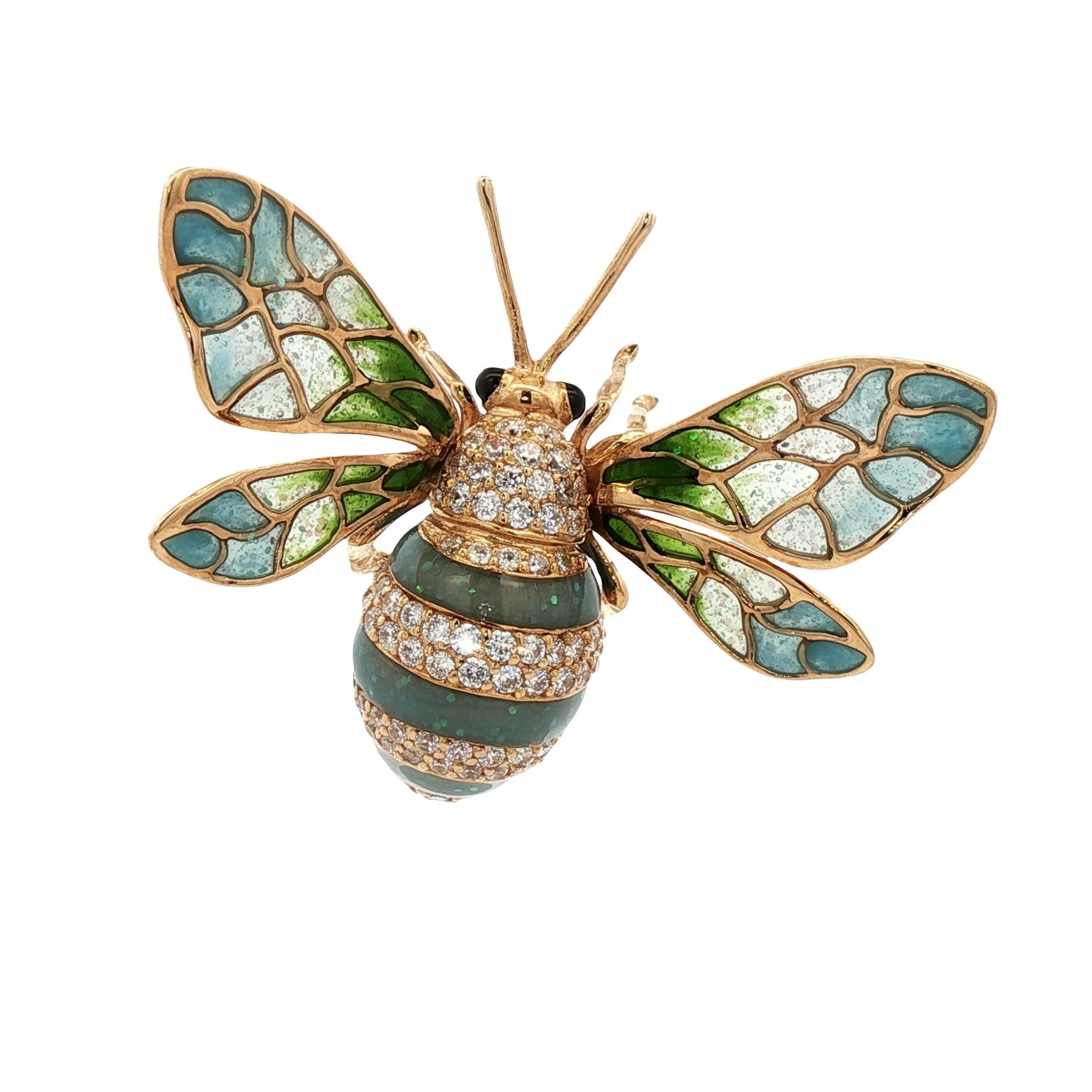 925YG BEE ENAMEL TURQUESA CZ 28MM BROOCH - C'SANTOS