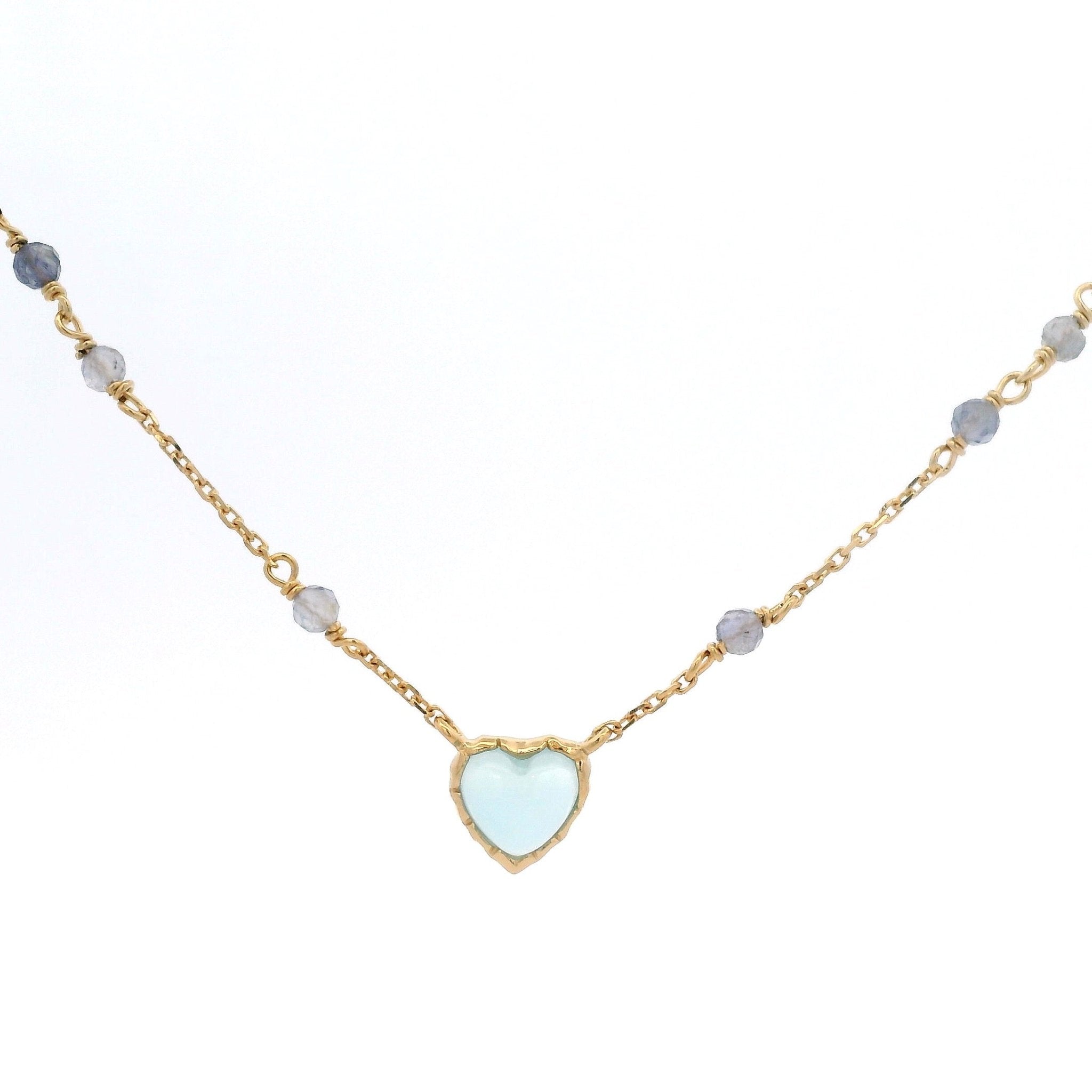 925YG BEZEL HEART CHALCEDONY AND BEANDS IOLITE NECKLACE - C'SANTOS