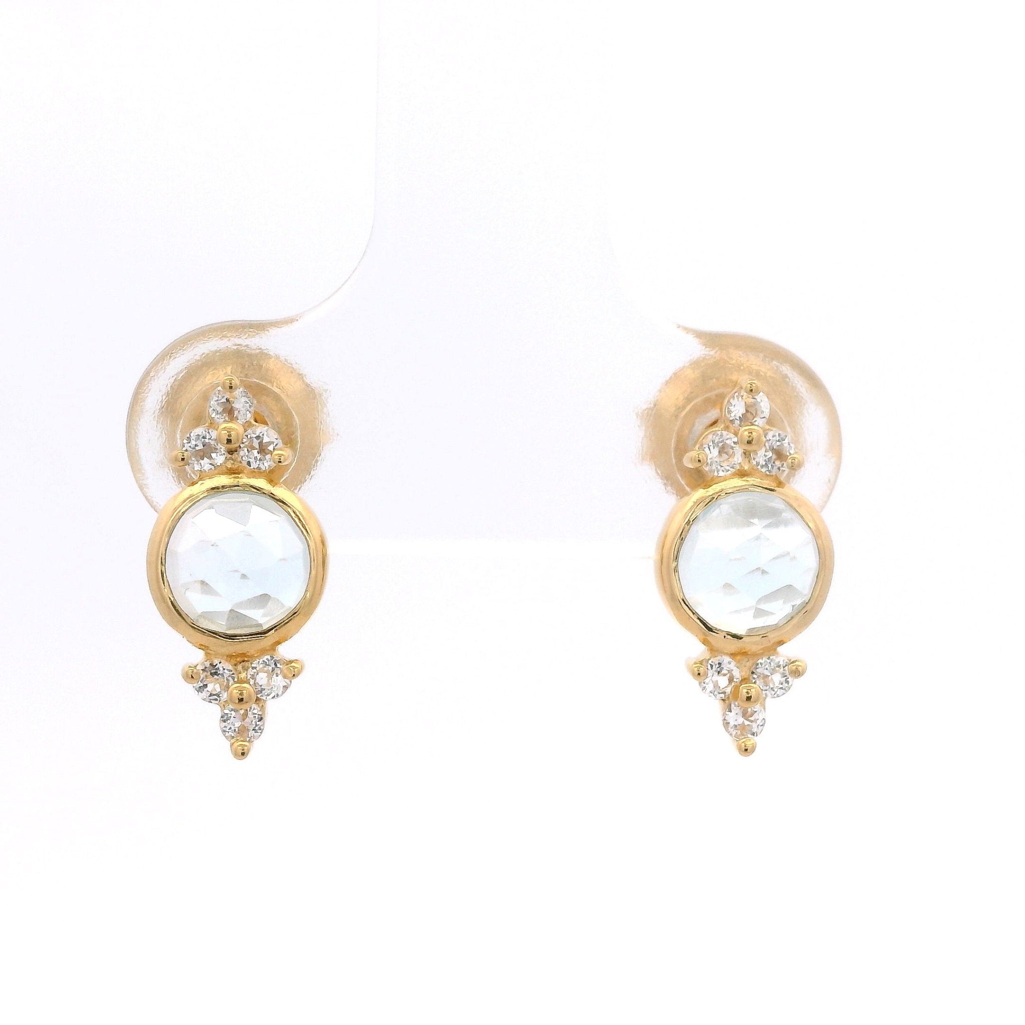 925YG BEZEL TOPAZ BLUE WITH POINTS TOPAZ WHITE EARRINGS - C'SANTOS