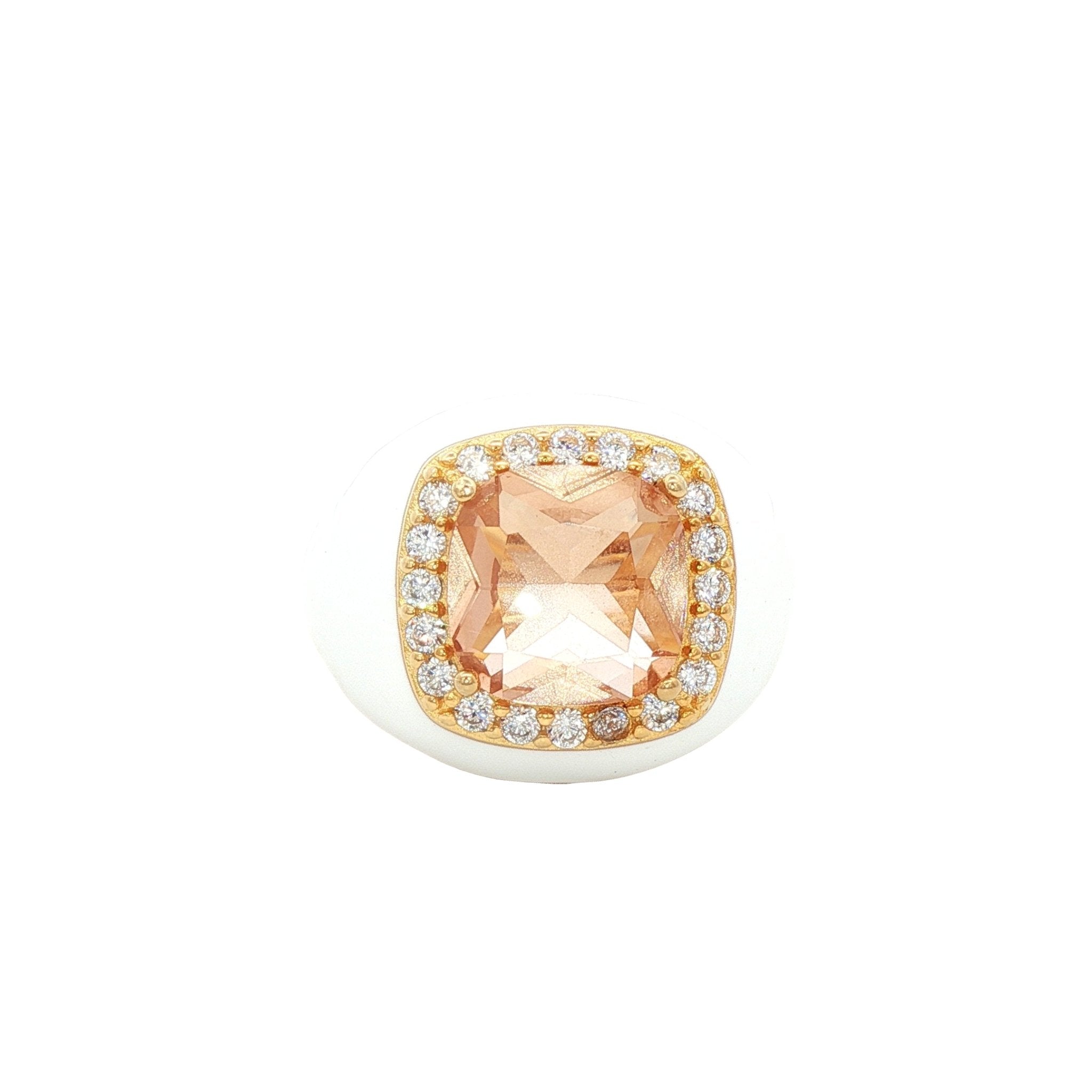 925YG BIG SQUARE ENAMEL WHITE AND PINK CZ RING - C'SANTOS