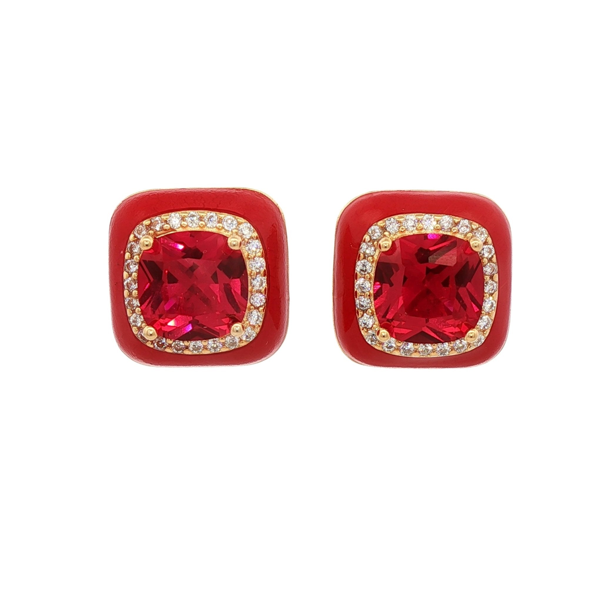 925YG BIG SQUARE RED CZ EARRINGS - C'SANTOS