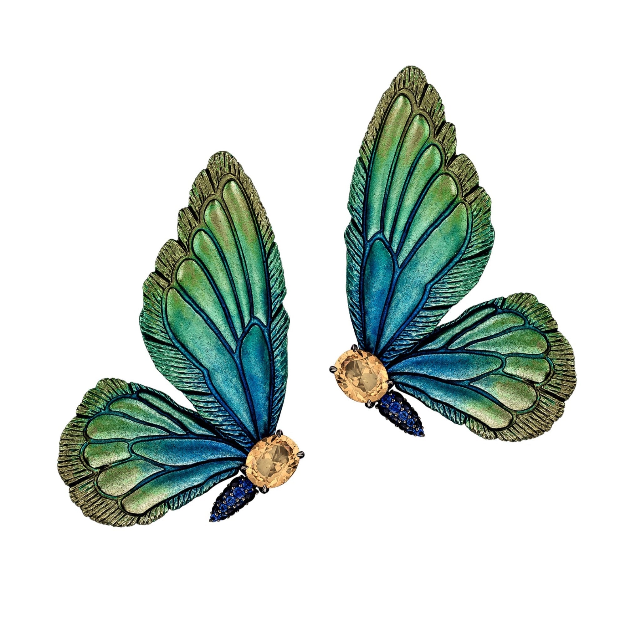 925YG BIG WINGS BUTTERFLY ALUMINIUM BLUE TO GREEN CENTER CHAMPANGE SYN EARRINGS - C'SANTOS