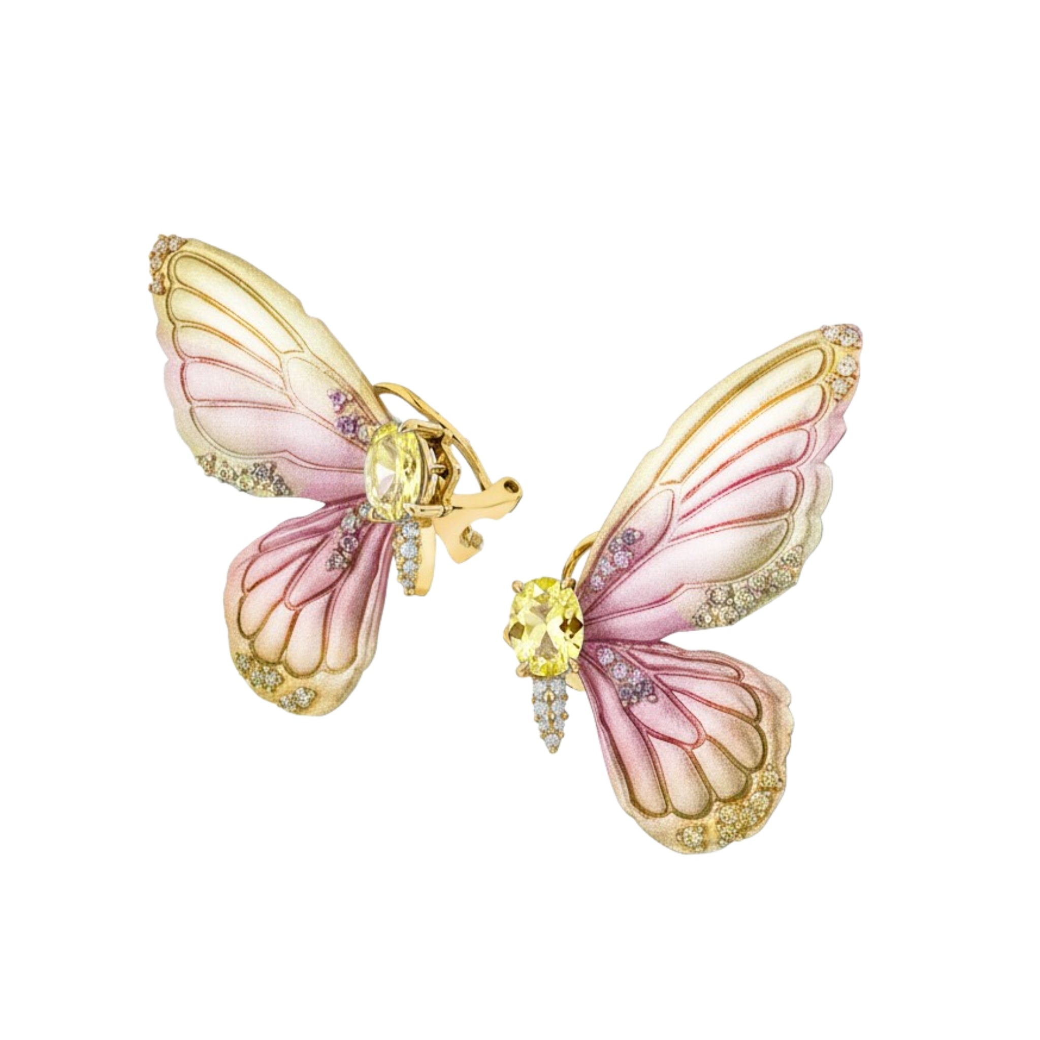 925YG BIG WINGS BUTTERFLY ALUMINIUM PINK YELLOW CENTER CANNARY PINK CZ EARRINGS - C'SANTOS