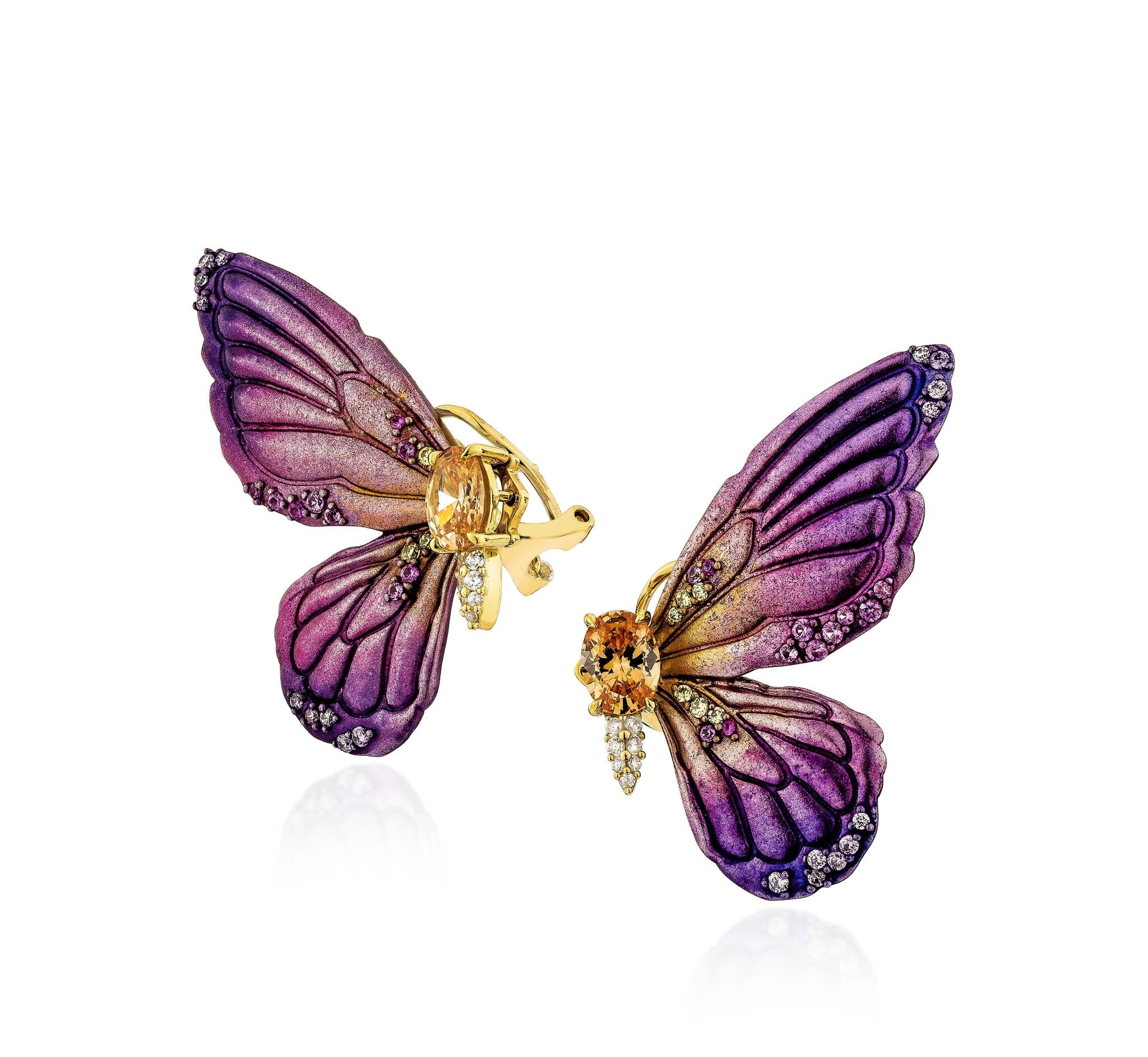 925YG BIG WINGS BUTTERFLY ALUMINIUM PURPLE TONE CENTER CHAMPANGE CZ EARRINGS - C'SANTOS